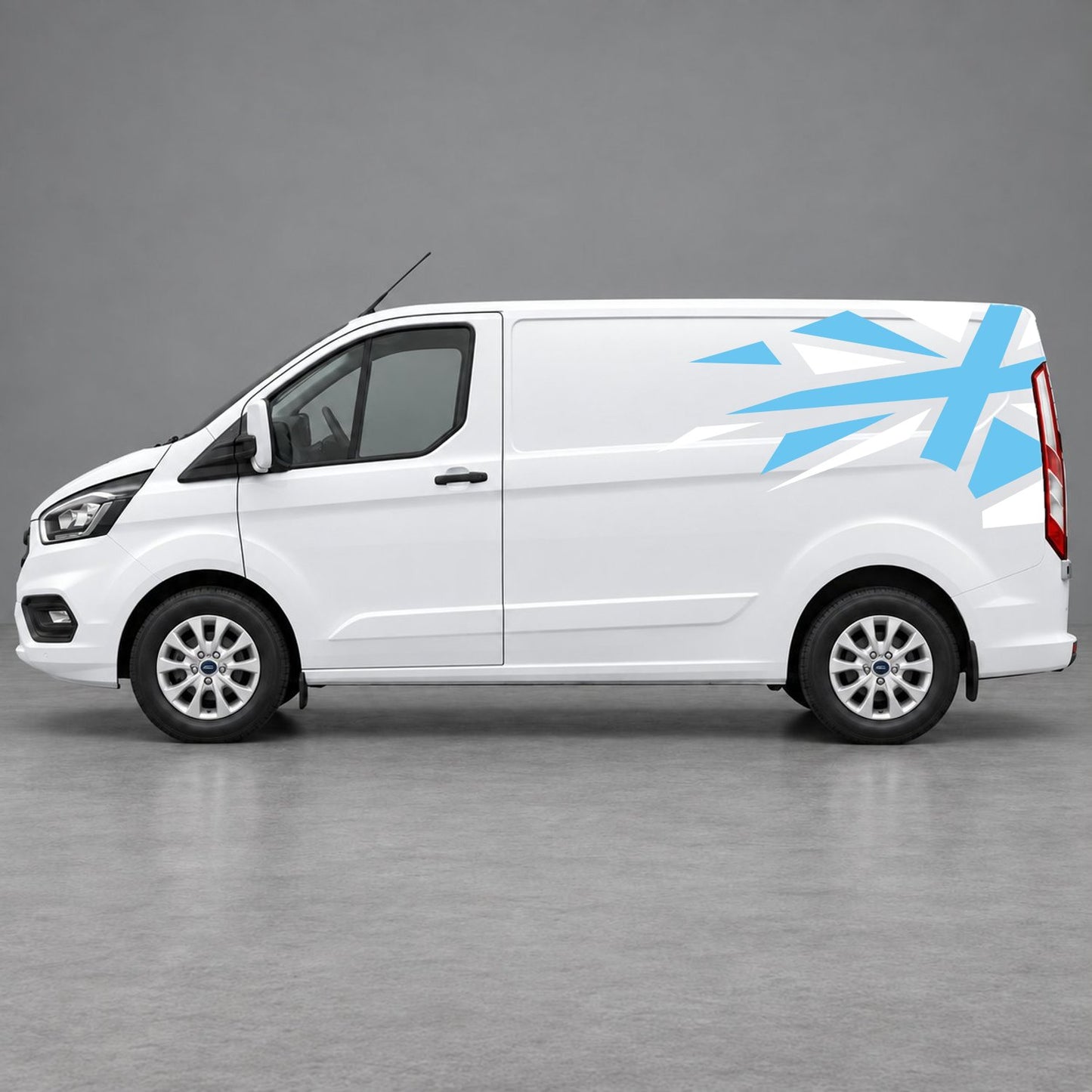 Ford Transit Custom Shattered Union Jack Side Graphics in White & Light Blue