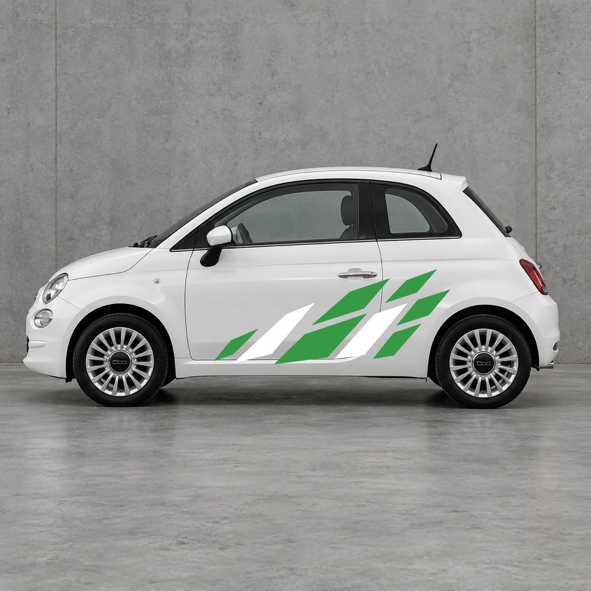 Fiat 500 Racing Flag Side Graphics Kit - Pair Supplied in Green & White