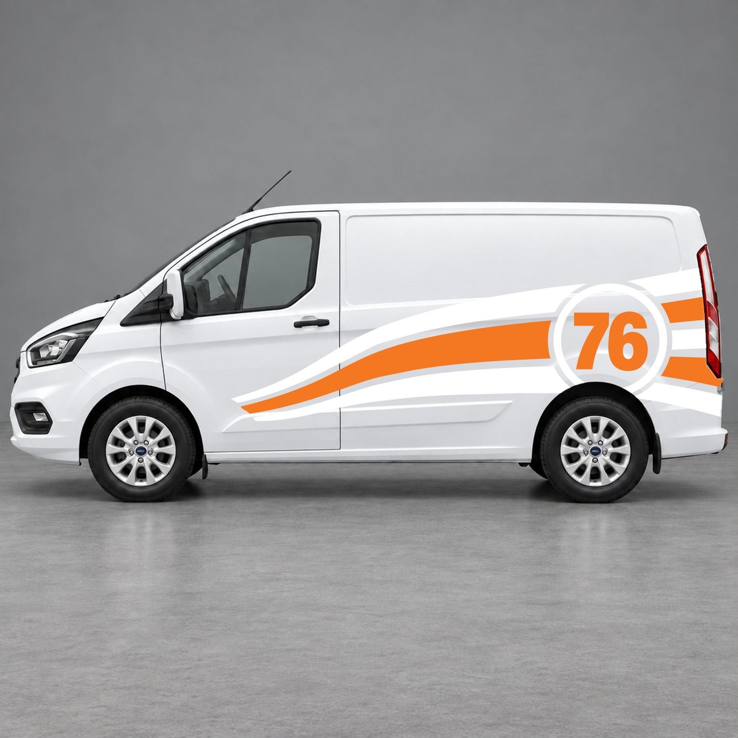 Ford Transit Custom Personalised Number 76 Racing Side Graphics in White & Orange