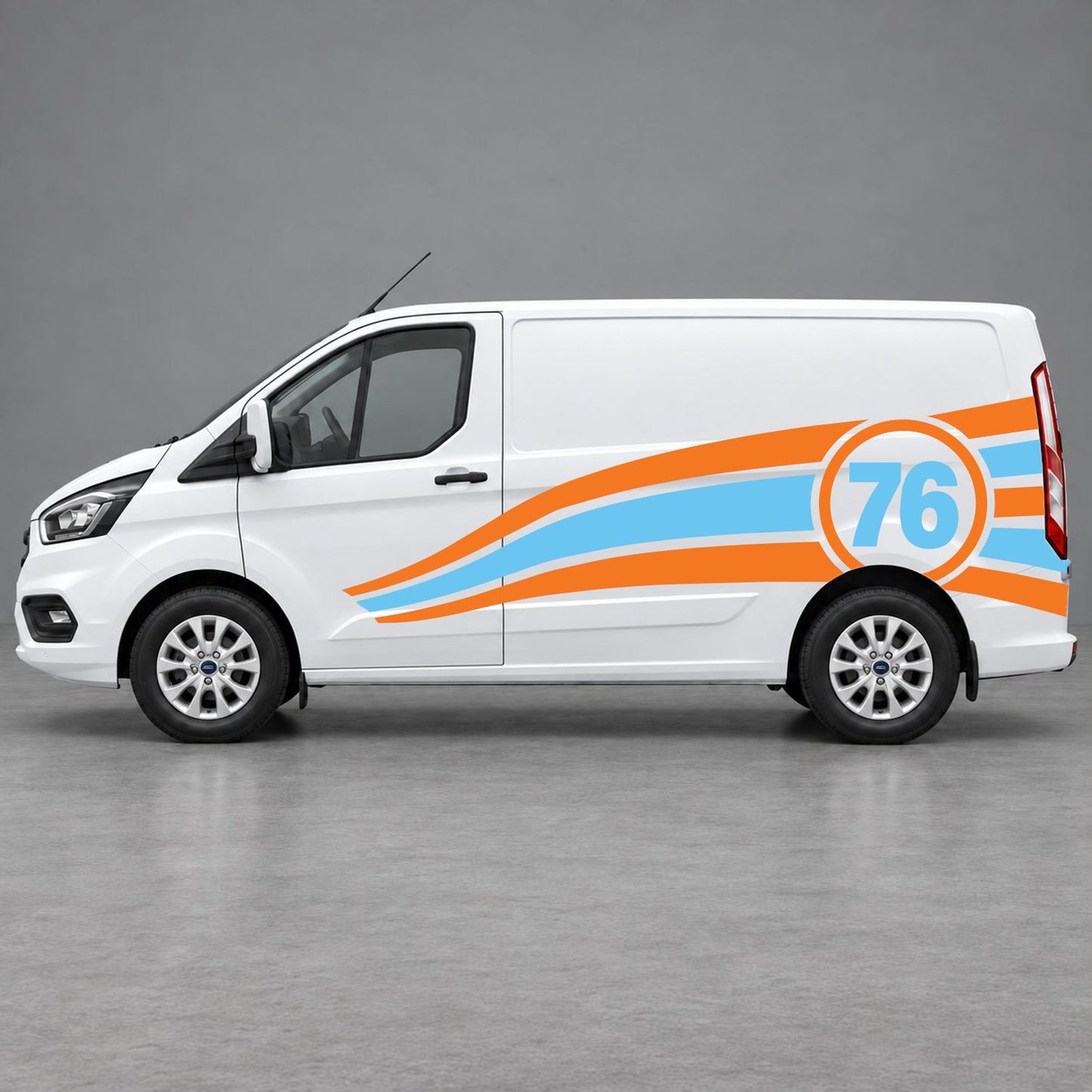 Ford Transit Custom Personalised Number 76 Racing Side Graphics in Orange & Light Blue