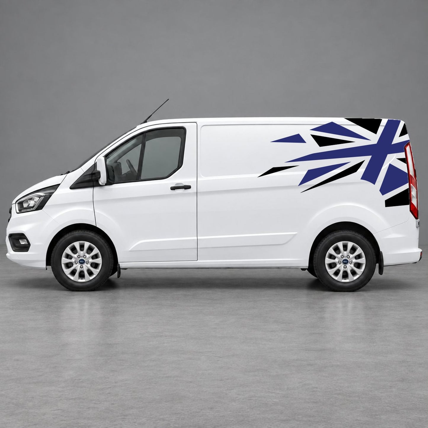 Ford Transit Custom Shattered Union Jack Side Graphics in Black & Navy Blue