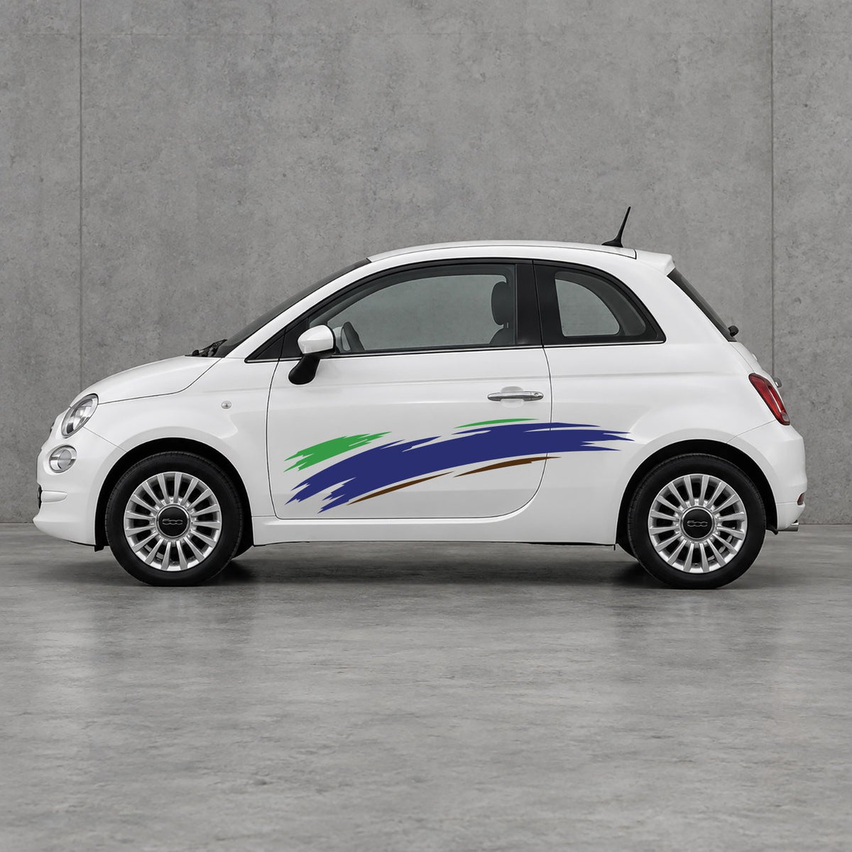Fiat 500 Italian Green Brush Side Graphics Kit - Pair Supplied in Navy Blue & Brown