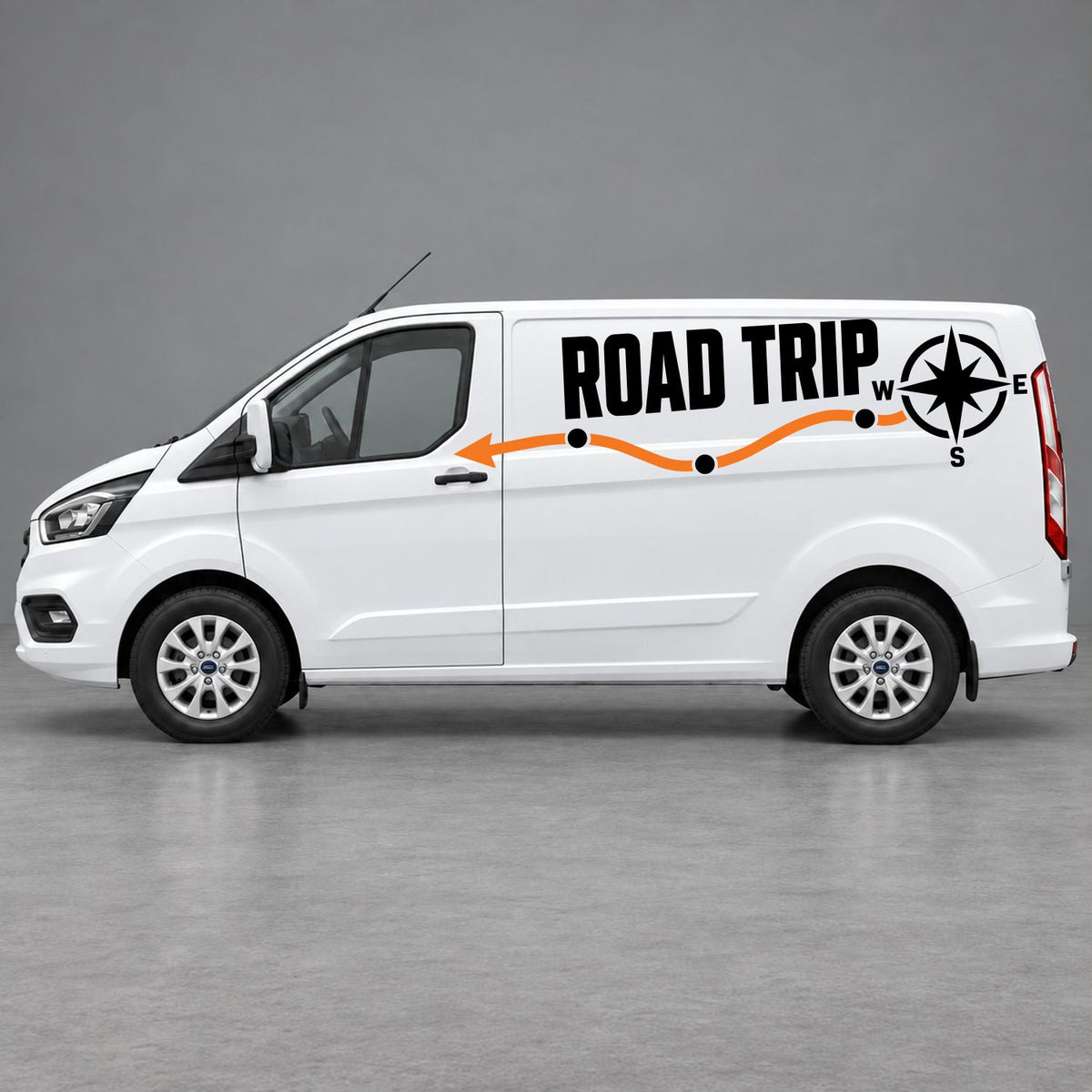 Ford Transit Custom Road Trip Route & Compass Side Graphics in Black & Orange