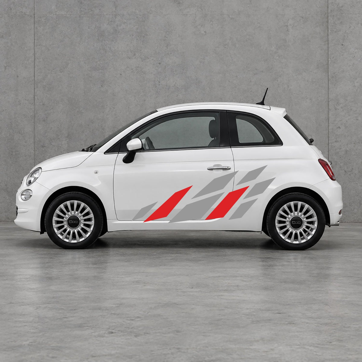 Fiat 500 Racing Flag Side Graphics Kit - Pair Supplied in Grey & Red