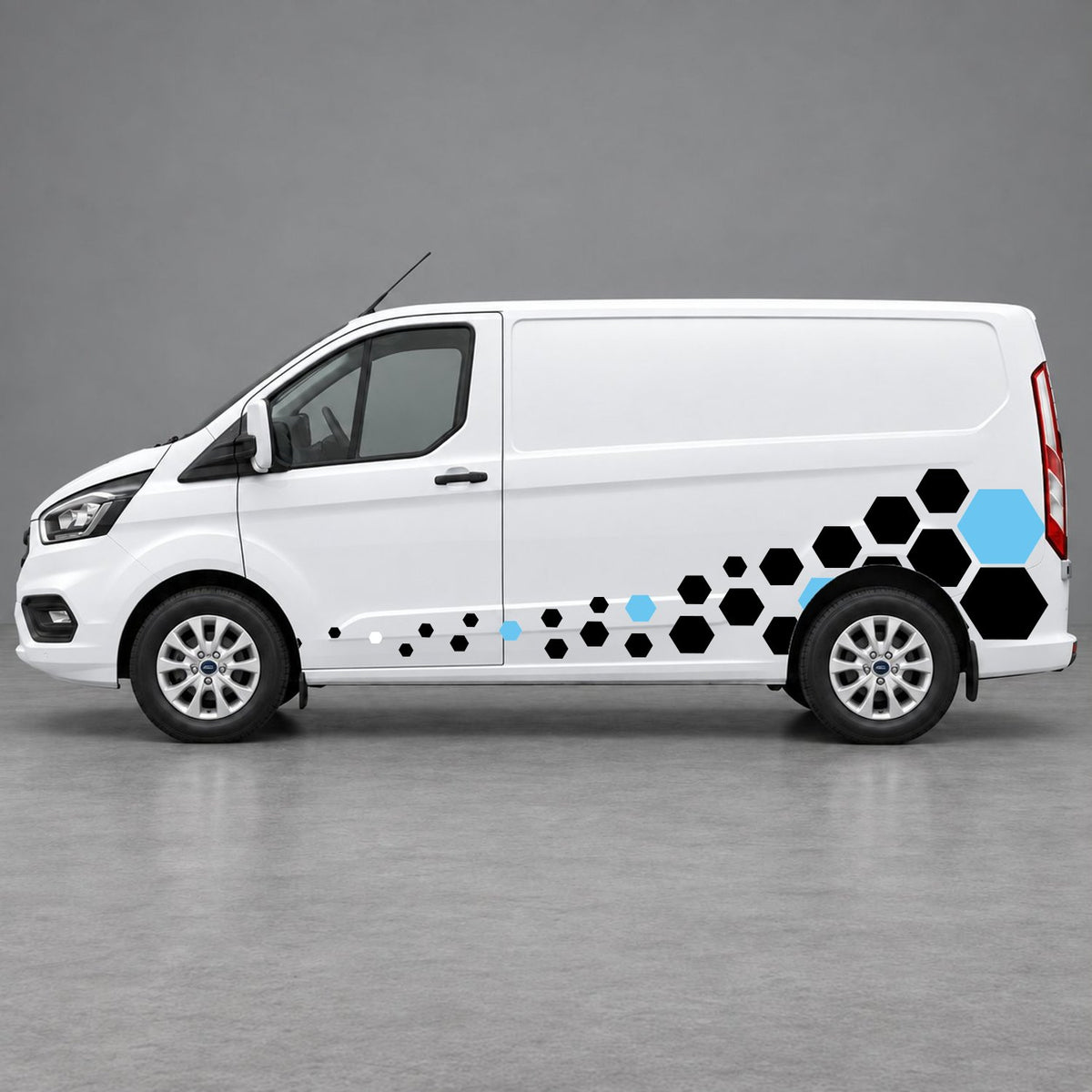 Ford Transit Custom Lower Hexagon Fade Side Graphics in White & Light Blue
