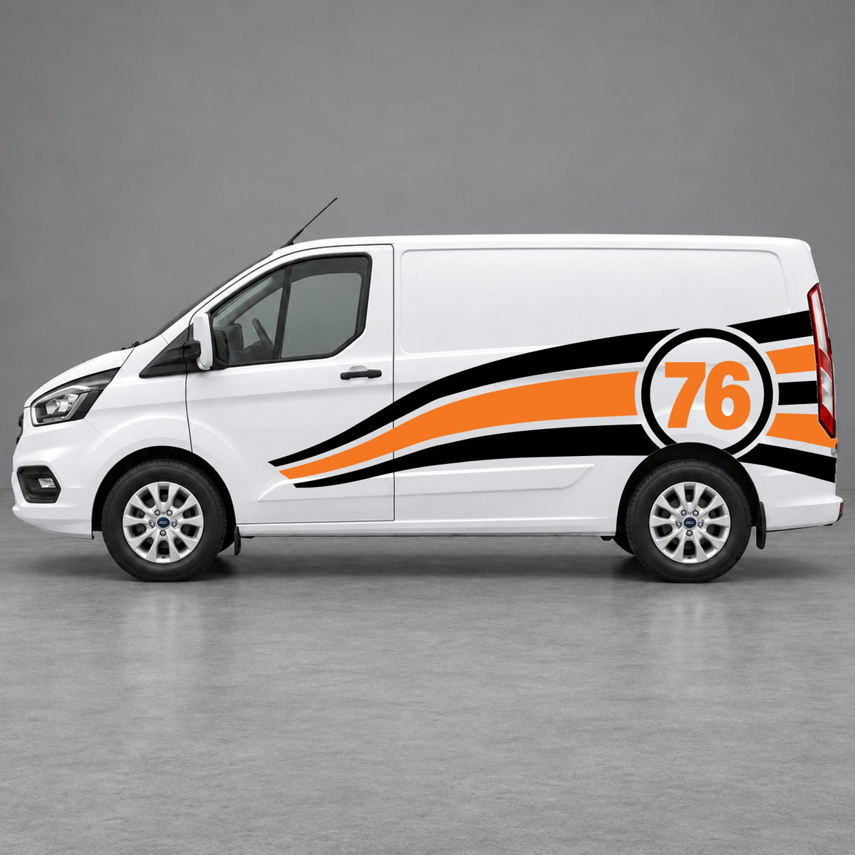 Ford Transit Custom Personalised Number 76 Racing Side Graphics in Black & Orange