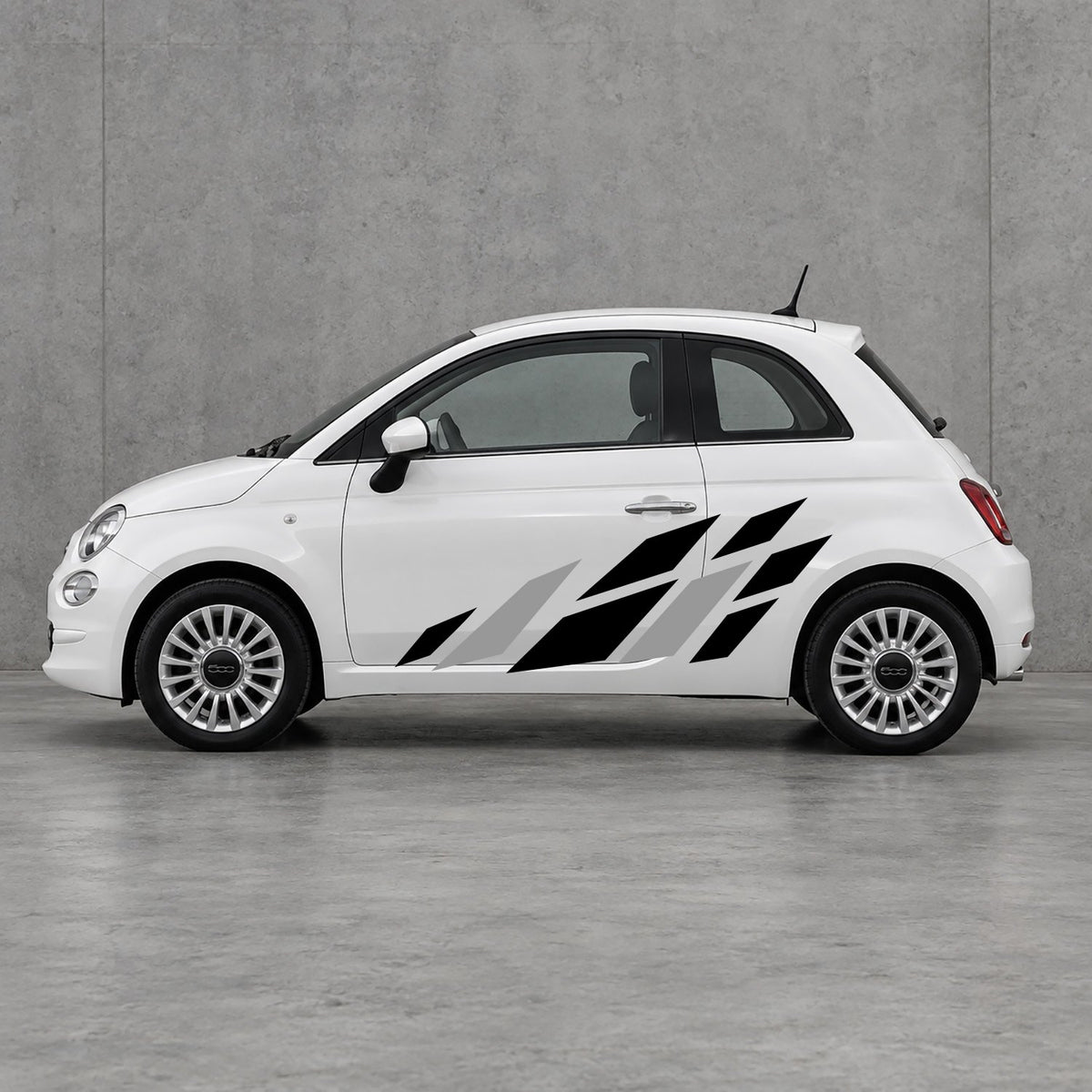 Fiat 500 Racing Flag Side Graphics Kit - Pair Supplied in Black & Grey