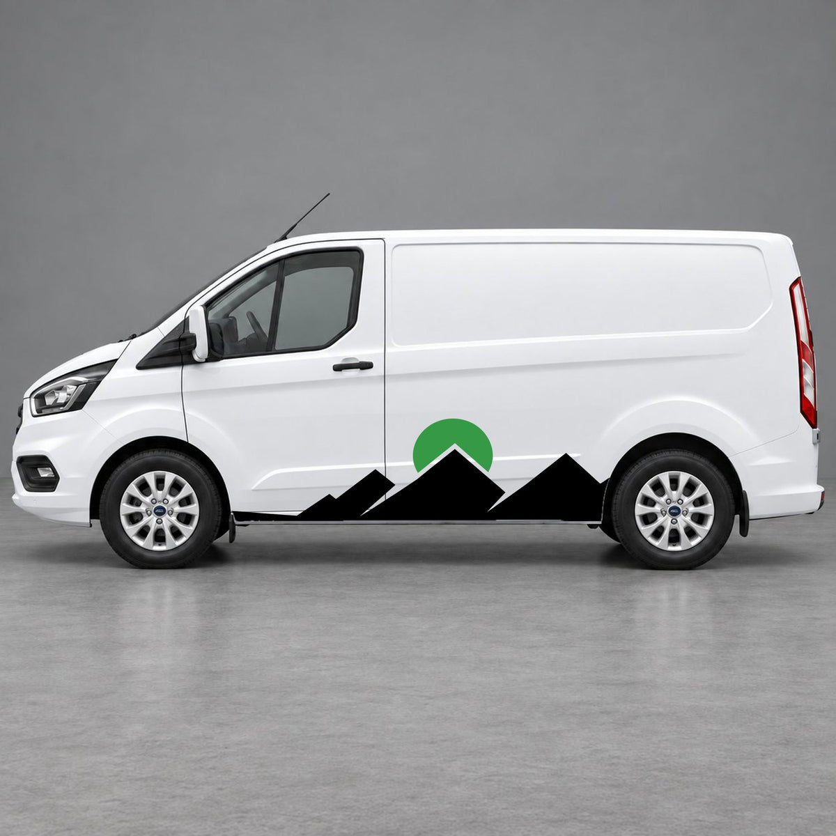 Ford Transit Custom Minimal Mountain Peak Side Graphics in Black & Green