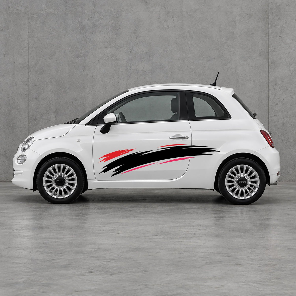 Fiat 500 Italian Red Brush Side Graphics Kit - Pair Supplied in Pink & Black