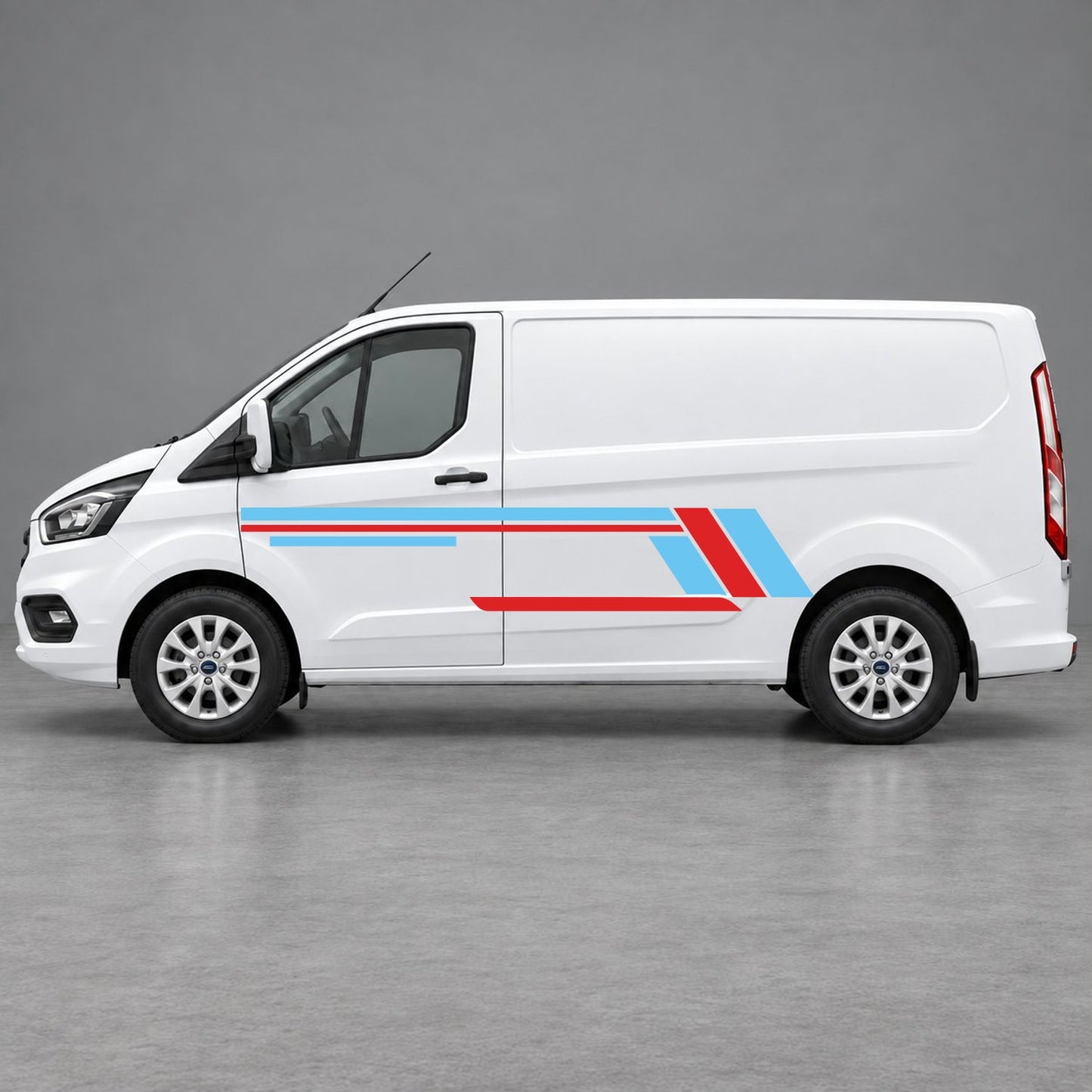 Ford Transit Custom Geometric Outline Side Stripes in Light Blue & Red