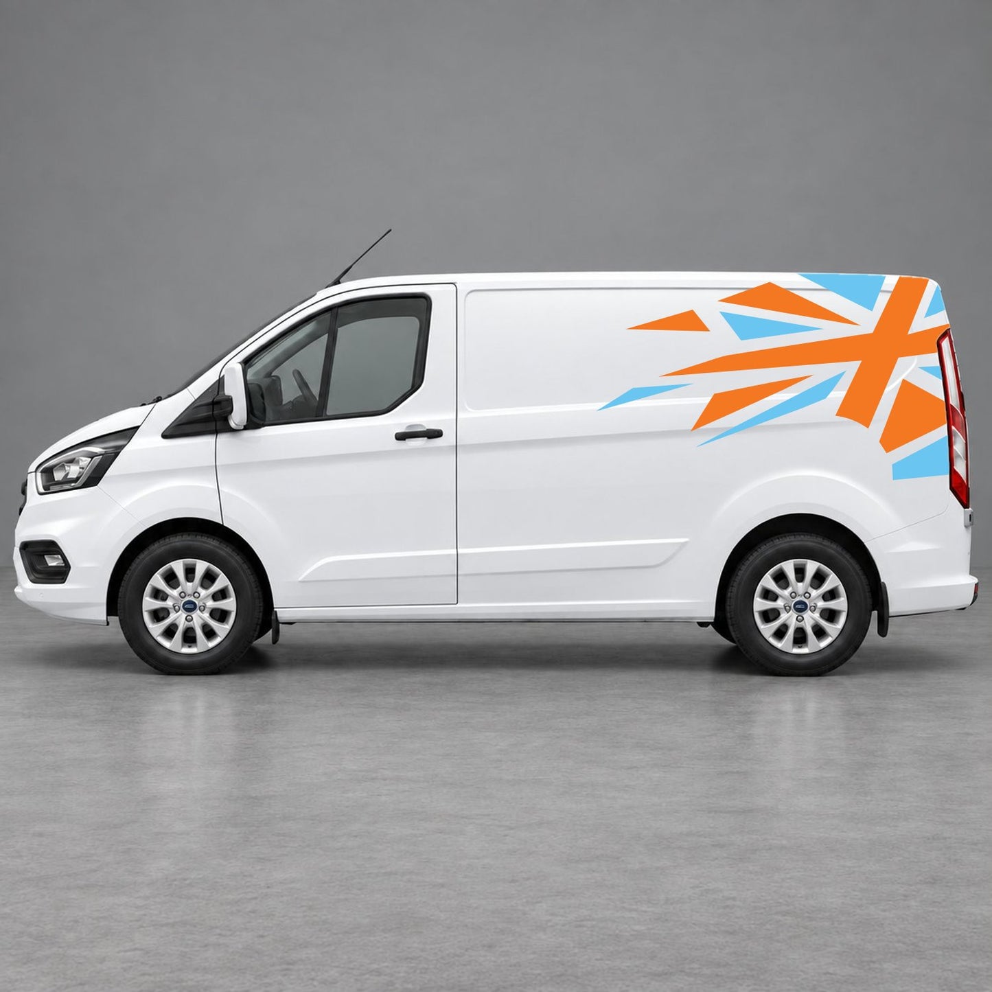Ford Transit Custom Shattered Union Jack Side Graphics in Light Blue & Orange