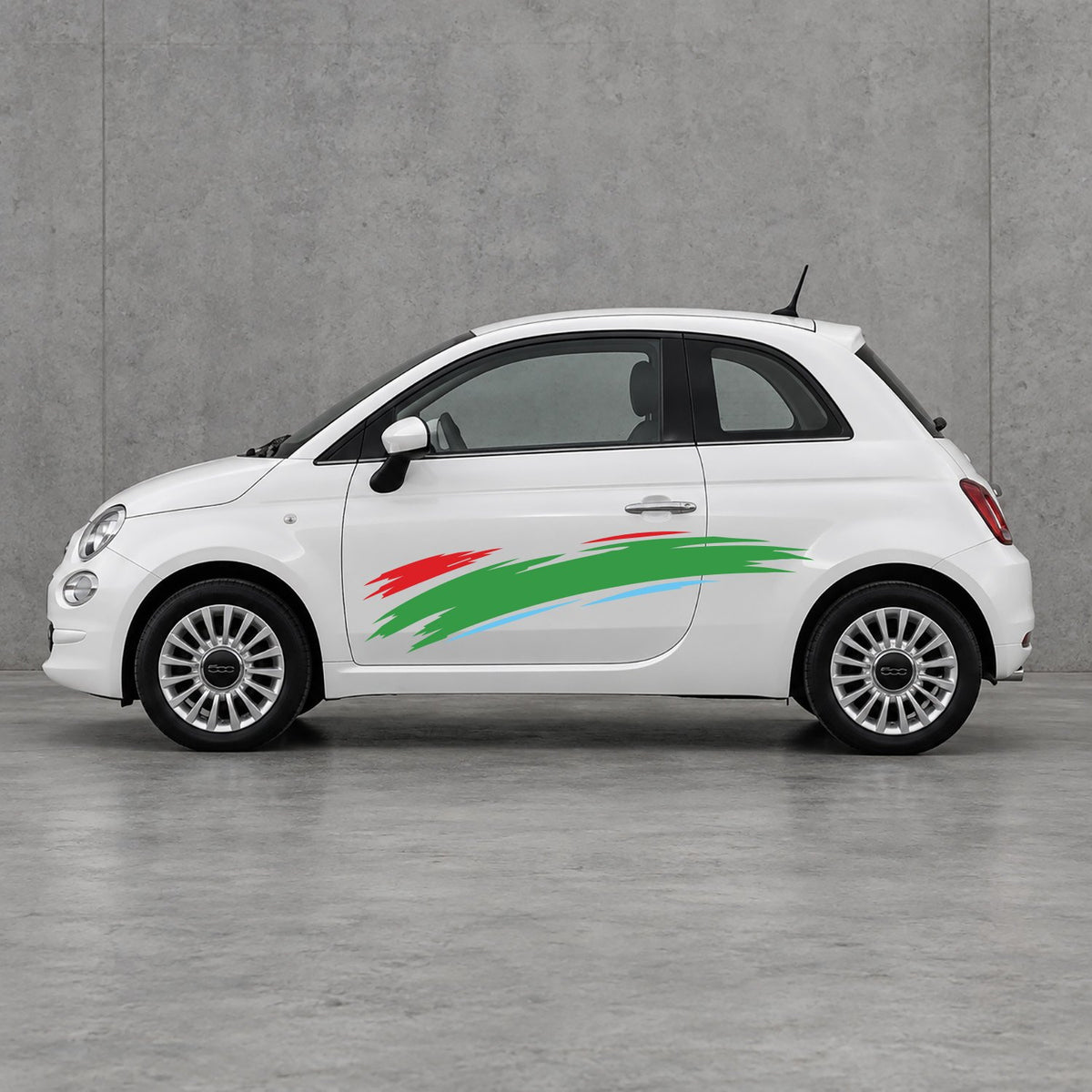 Fiat 500 Italian Red Brush Side Graphics Kit - Pair Supplied in Light Blue & Green