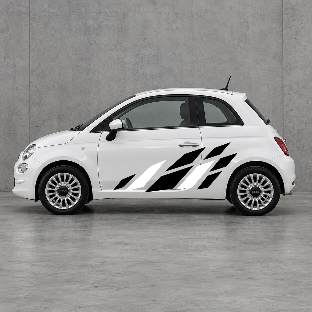 Fiat 500 Racing Flag Side Graphics Kit - Pair Supplied in Black & White