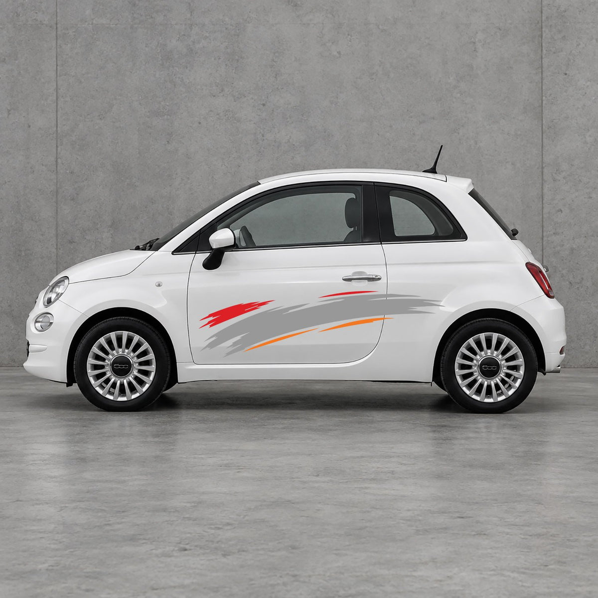 Fiat 500 Italian Red Brush Side Graphics Kit - Pair Supplied in Orange & Grey