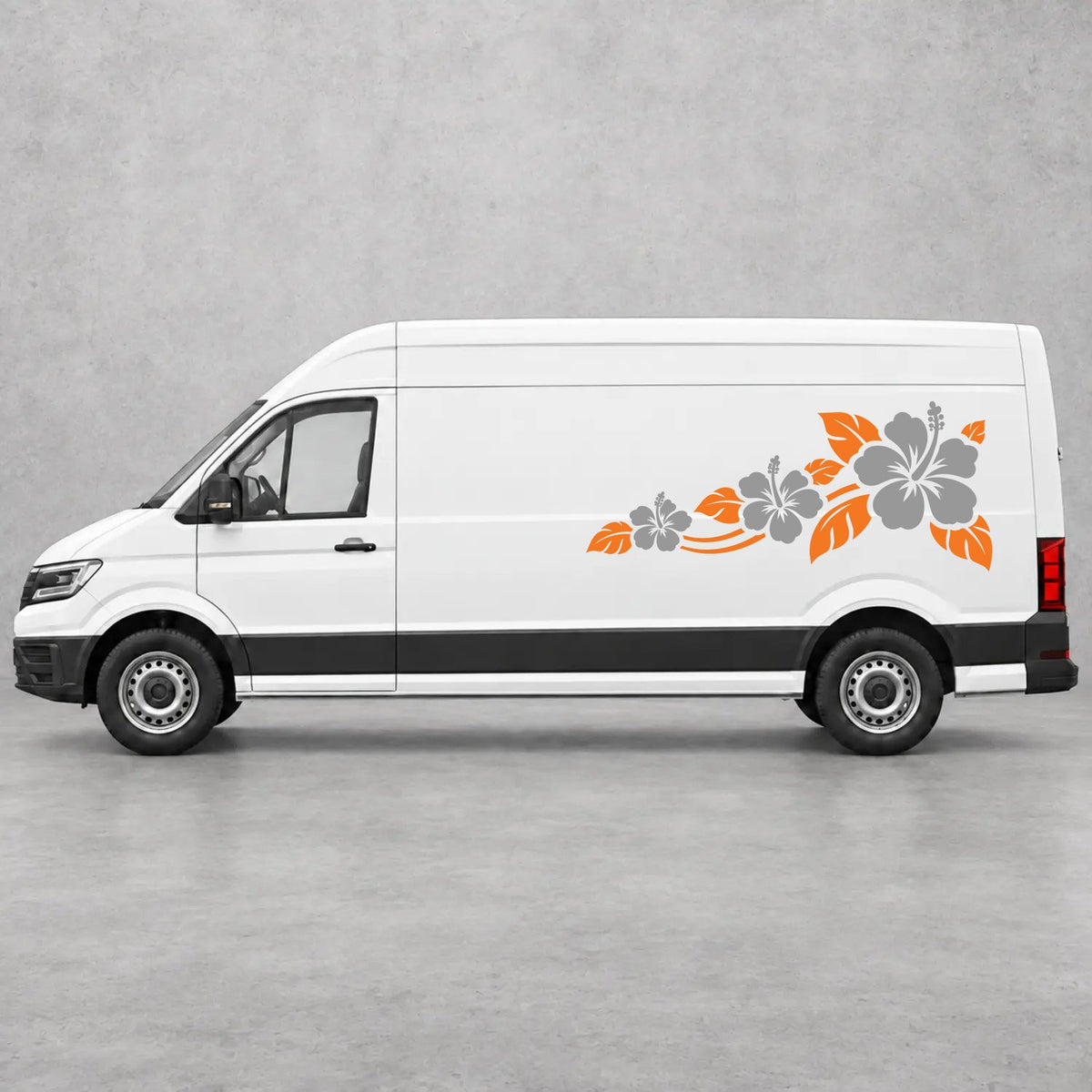 VW Crafter Hibiscus Flower Trail Side Graphics in Orange & Grey