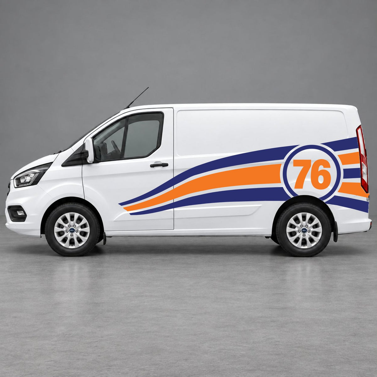 Ford Transit Custom Personalised Number 76 Racing Side Graphics in Navy Blue & Orange