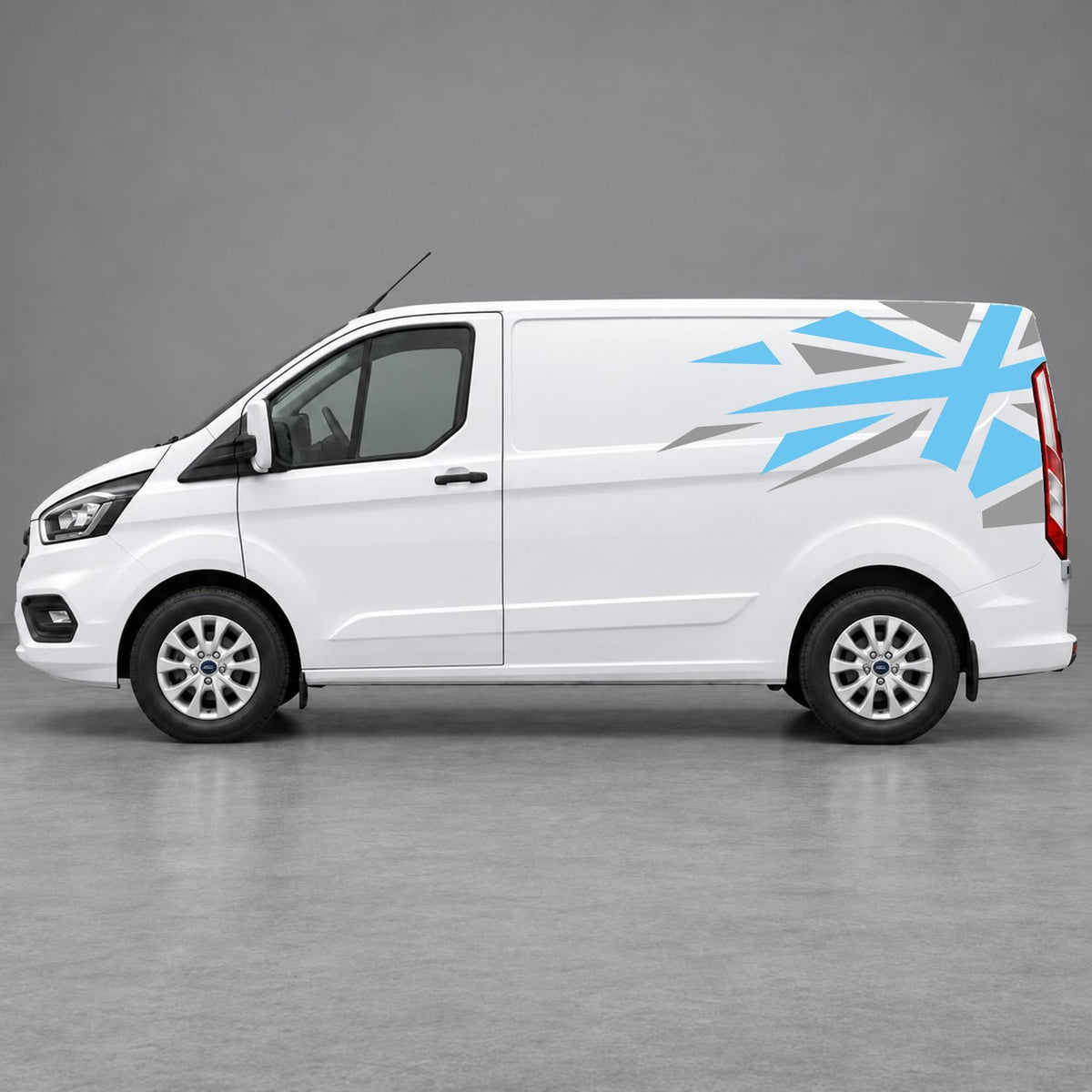 Ford Transit Custom Shattered Union Jack Side Graphics in Grey & Light Blue