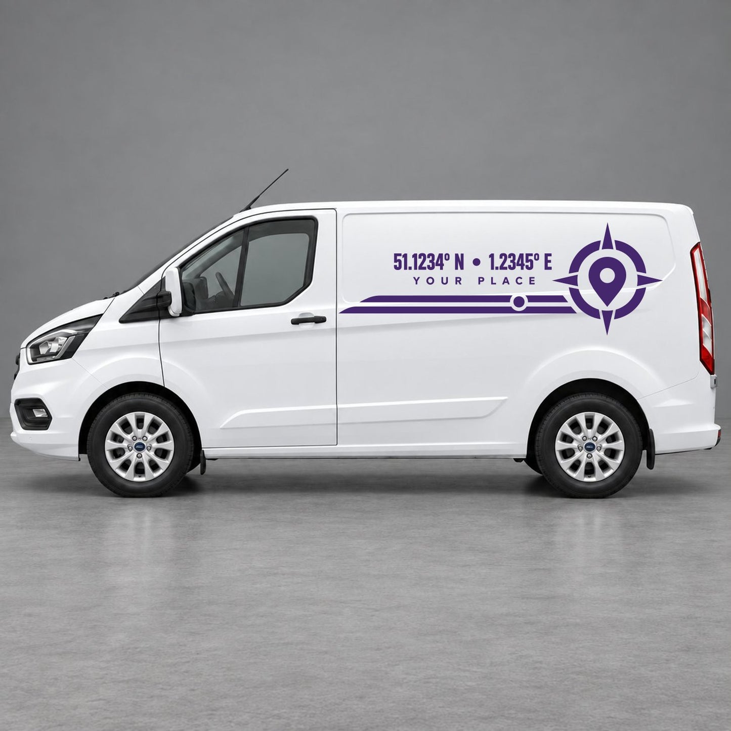 Ford Transit Custom Personalised Coordinates & Compass Side Graphics in Purple