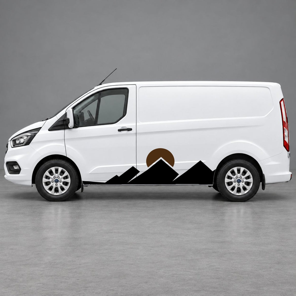 Ford Transit Custom Minimal Mountain Peak Side Graphics in Black & Brown