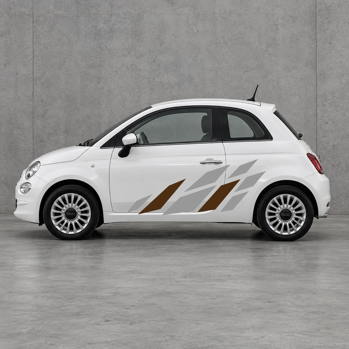 Fiat 500 Racing Flag Side Graphics Kit - Pair Supplied in Grey & Brown