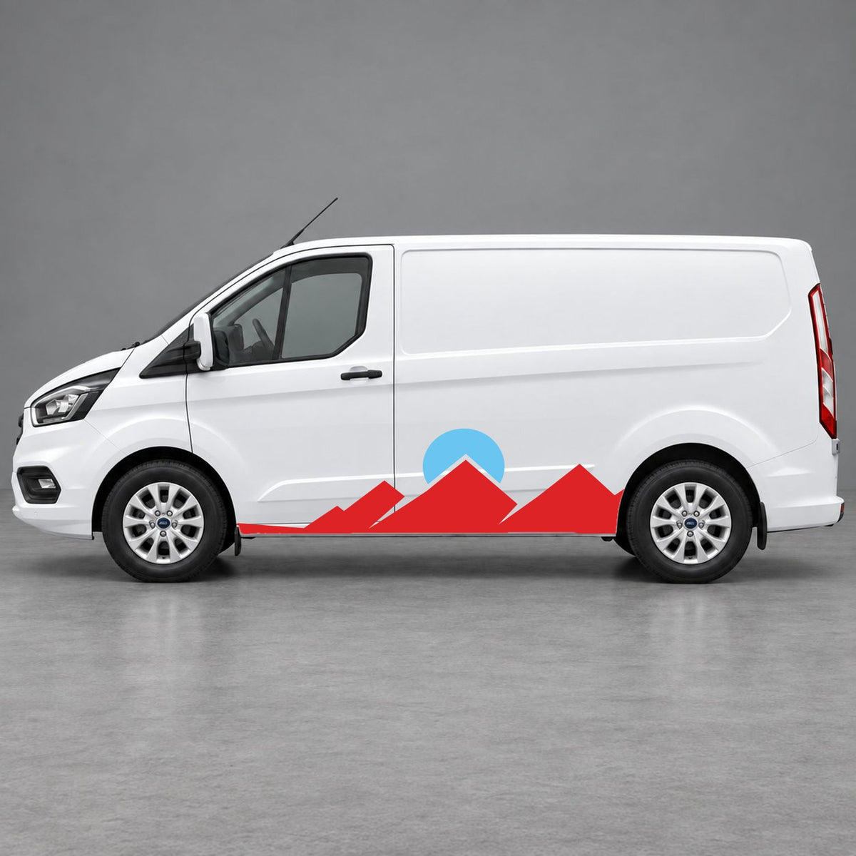 Ford Transit Custom Minimal Mountain Peak Side Graphics in Red & Light Blue