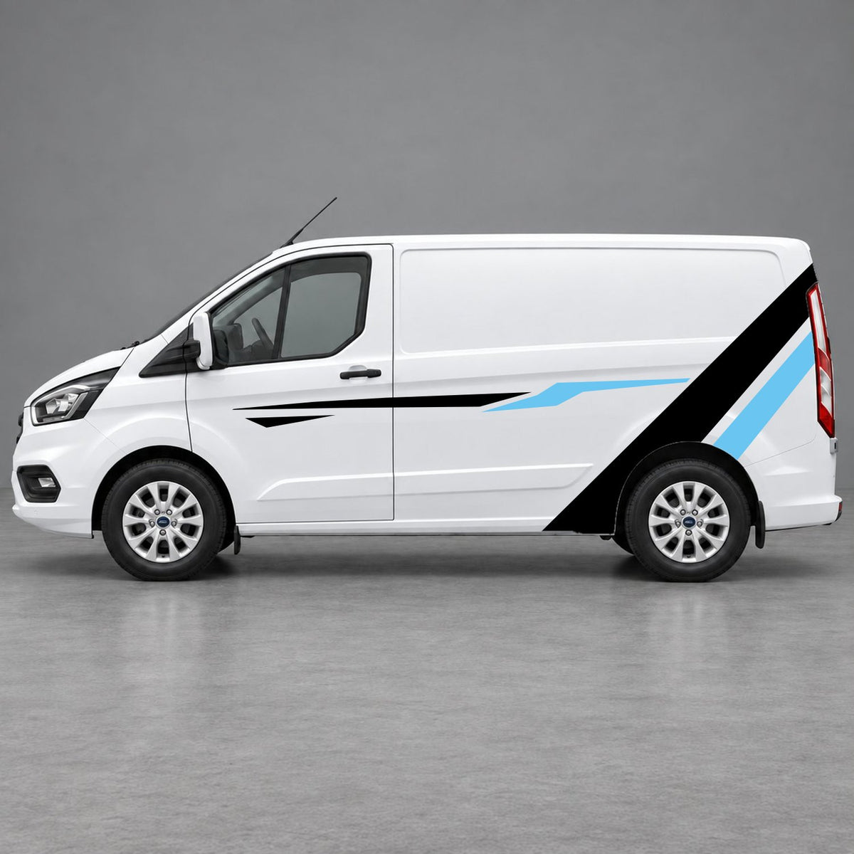 Ford Transit Custom Bold Rear Diagonal Side Stripes in Black & Light Blue