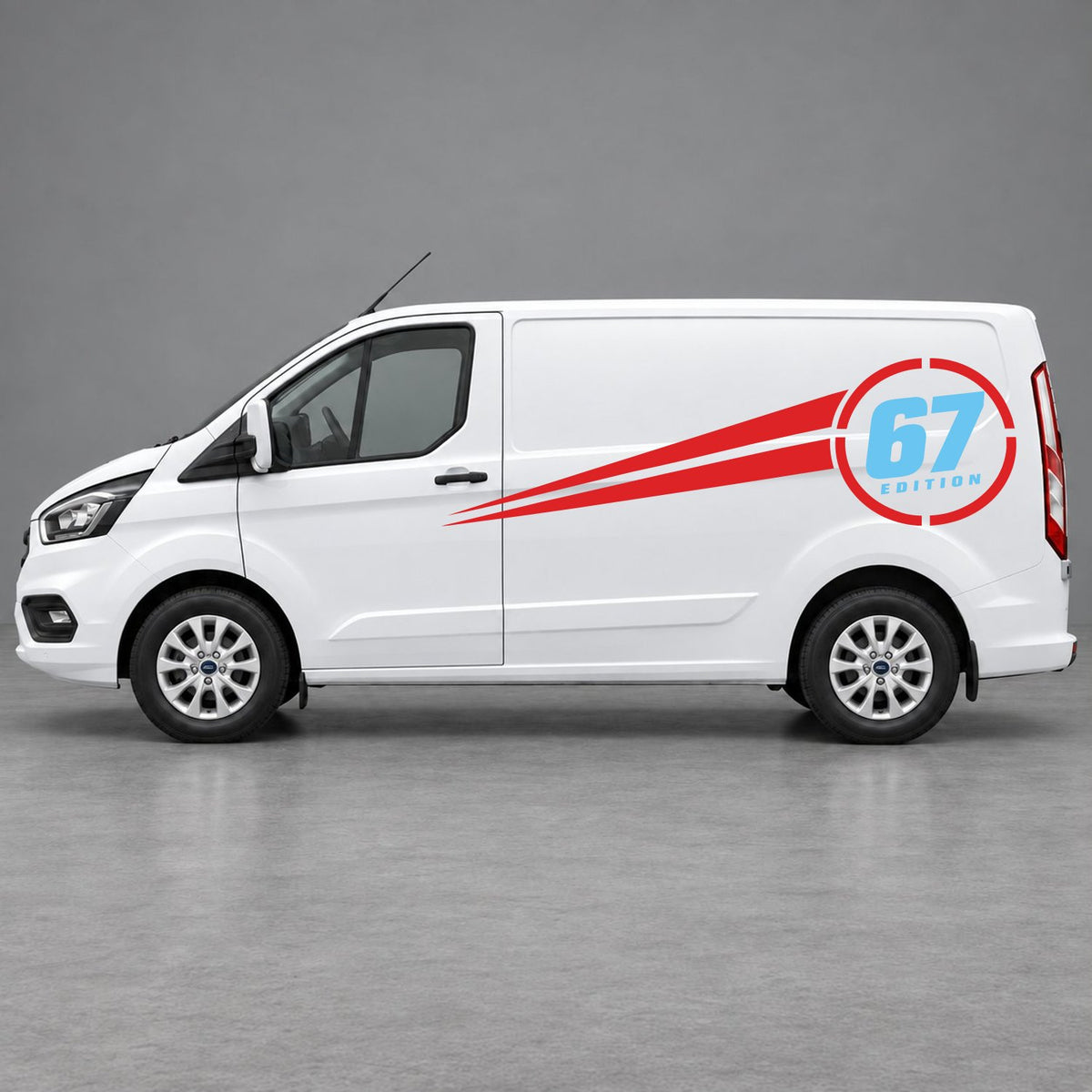 Ford Transit Custom Personalised Number Edition Side Stripes in Red & Light Blue