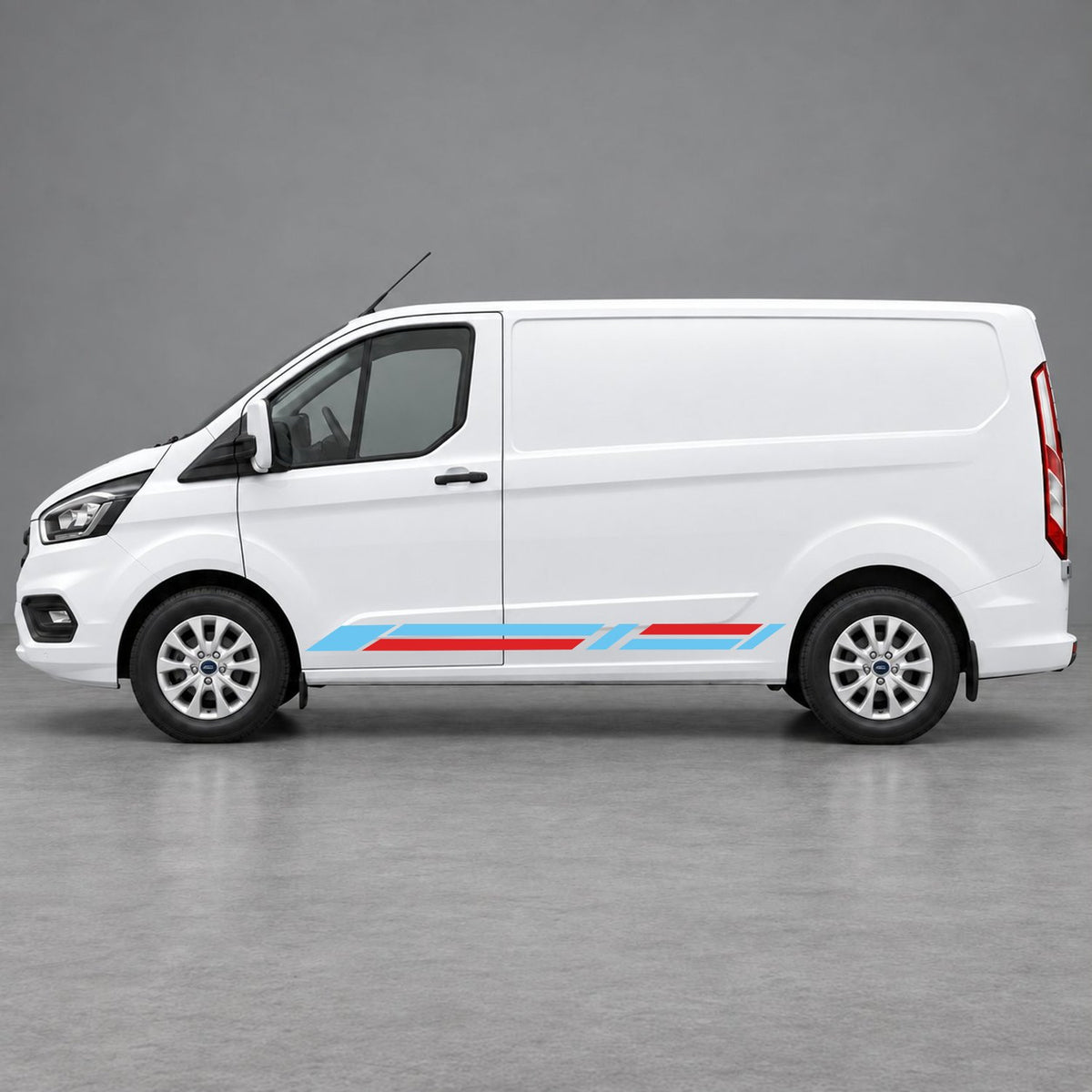 Ford Transit Custom Geometric Lower Side Stripes in Light Blue & Red