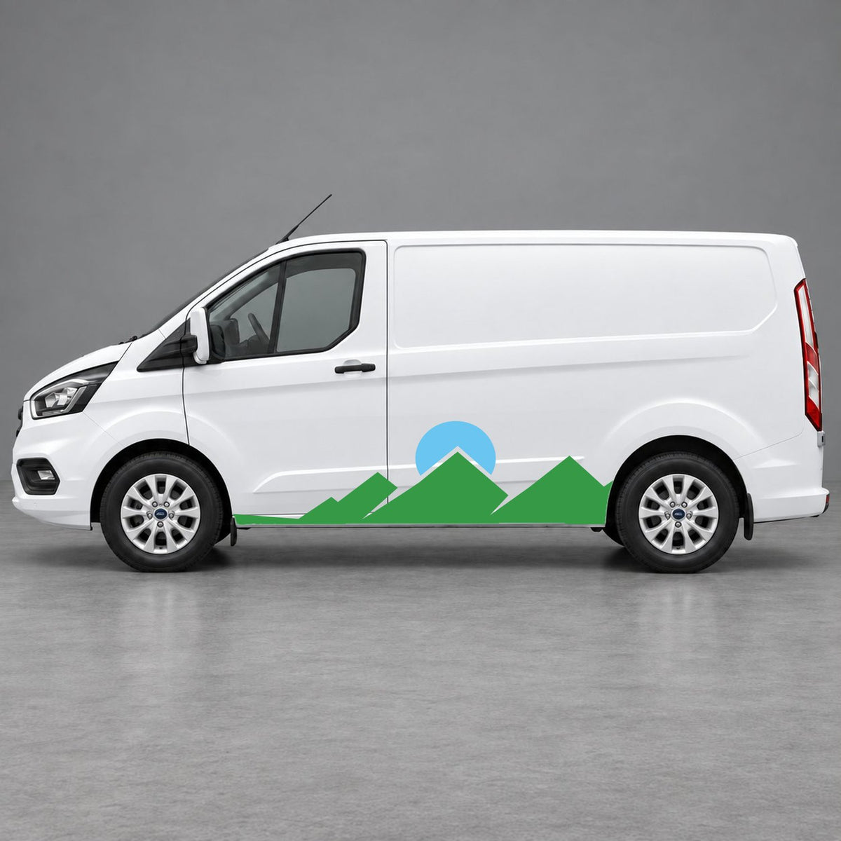 Ford Transit Custom Minimal Mountain Peak Side Graphics in Green & Light Blue