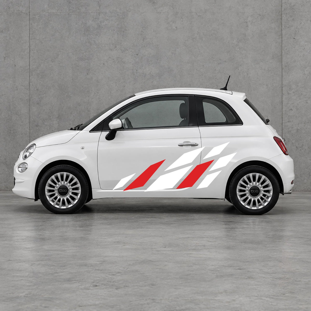Fiat 500 Racing Flag Side Graphics Kit - Pair Supplied in White & Red