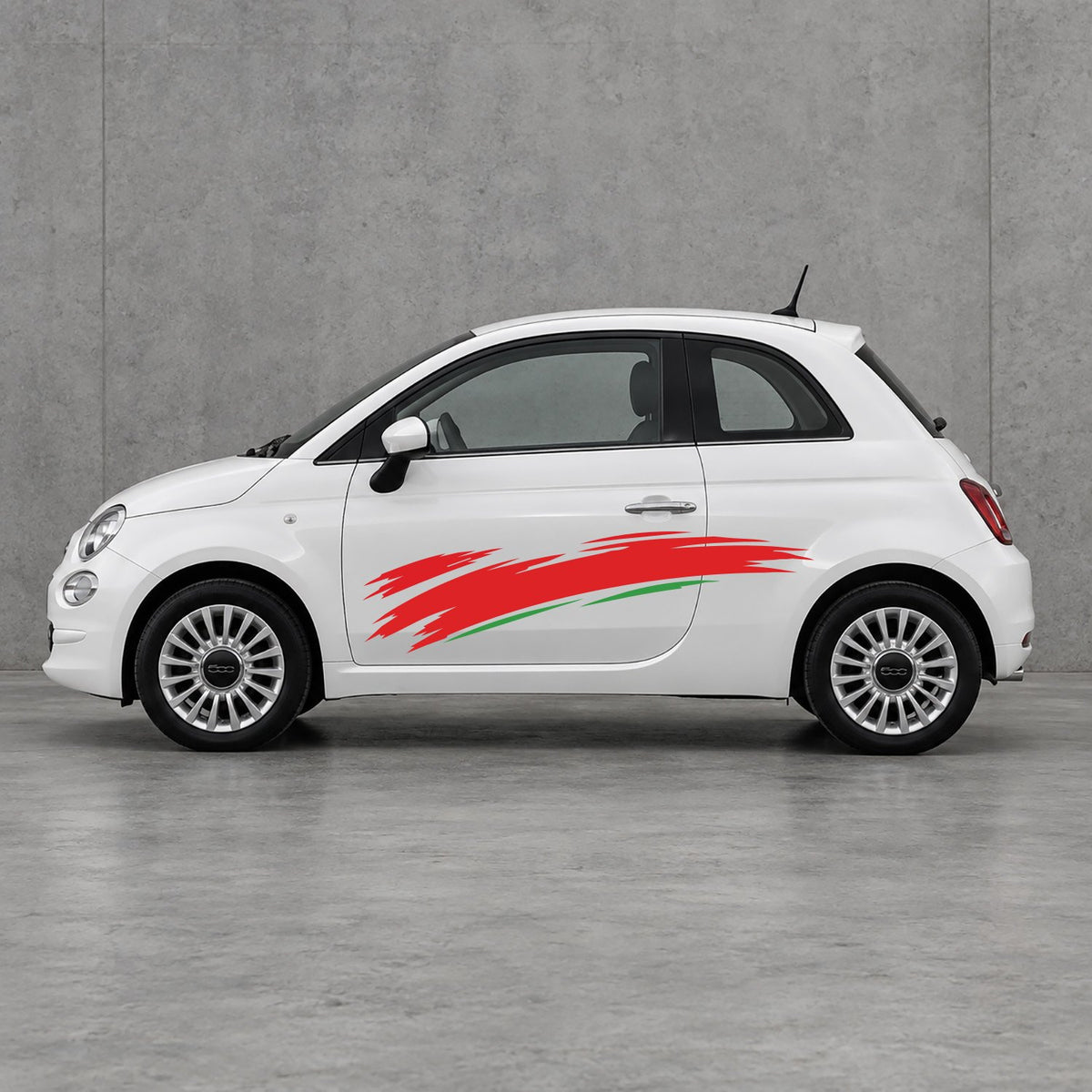 Fiat 500 Italian Red Brush Side Graphics Kit - Pair Supplied in Green & Red