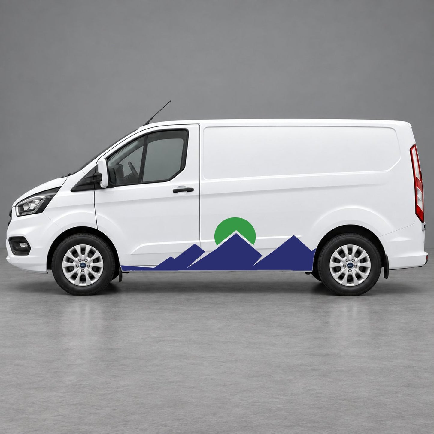 Ford Transit Custom Minimal Mountain Peak Side Graphics in Navy Blue & Green