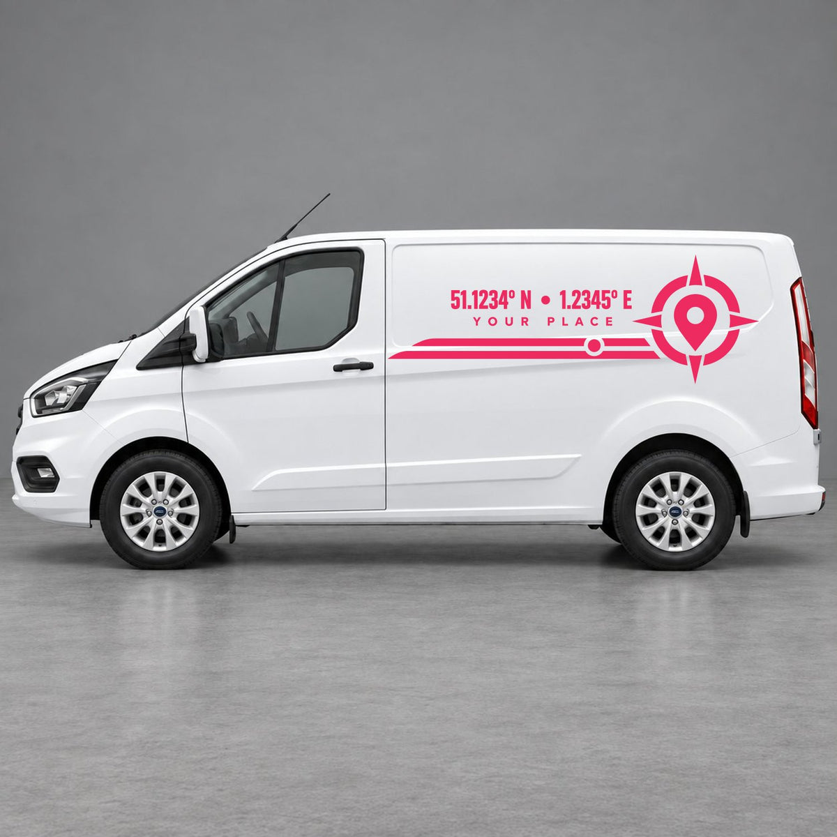 Ford Transit Custom Personalised Coordinates & Compass Side Graphics in Pink