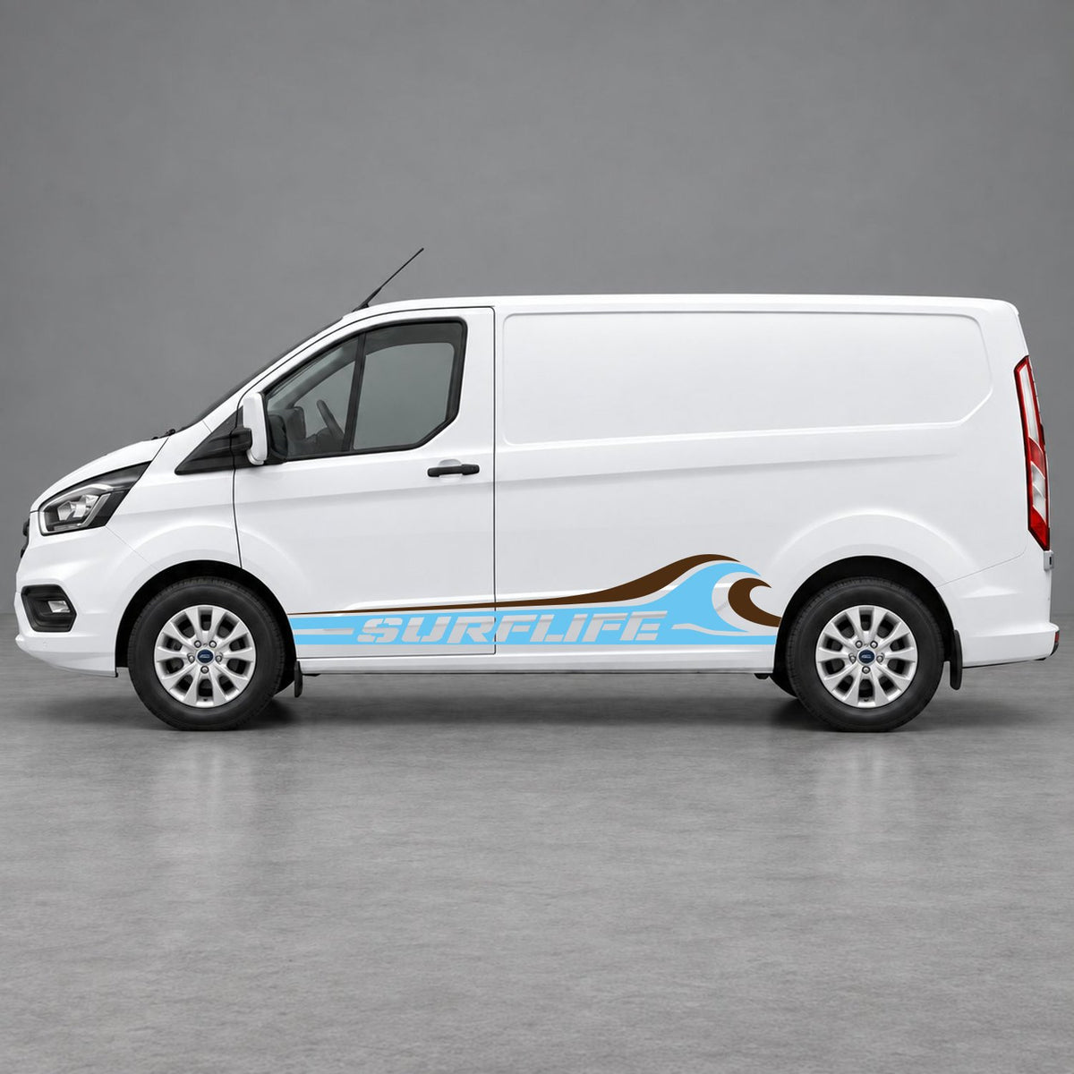 Ford Transit Custom Surflife Wave Side Stripes in Light Blue & Brown