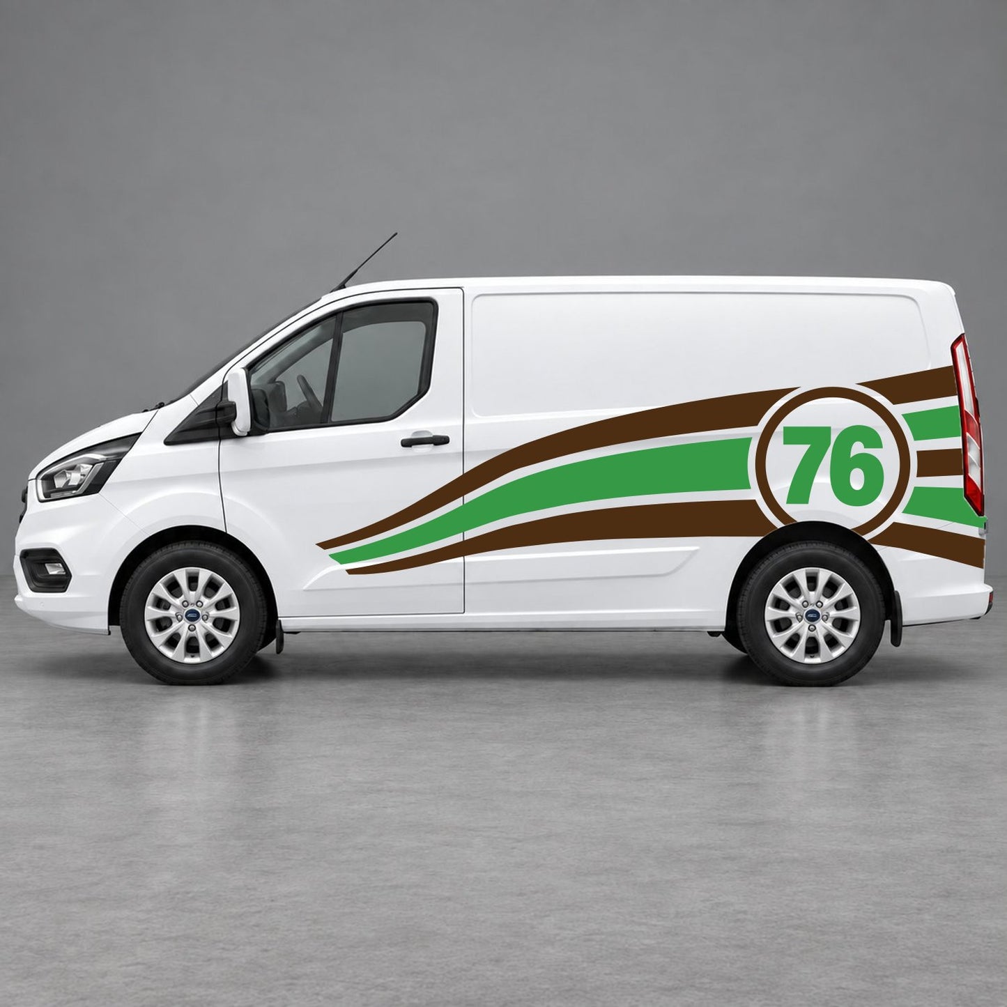 Ford Transit Custom Personalised Number 76 Racing Side Graphics in Brown & Green