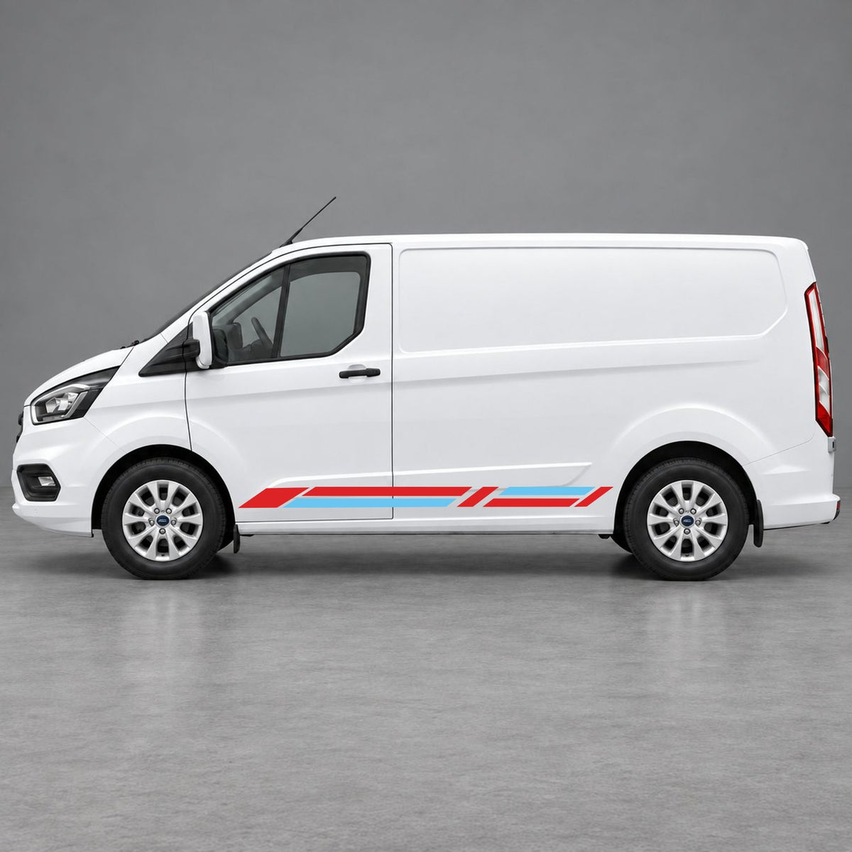 Ford Transit Custom Geometric Lower Side Stripes in Red & Light Blue