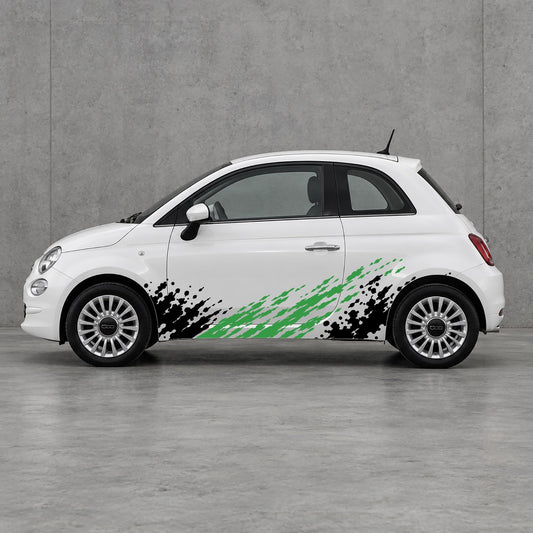 Fiat 500 Grunge Brush Side Graphics Kit - Pair Supplied in Black & Green