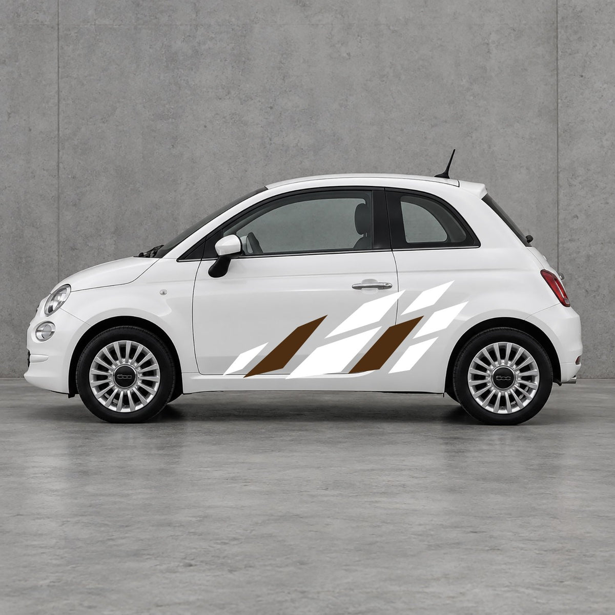 Fiat 500 Racing Flag Side Graphics Kit - Pair Supplied in White & Brown