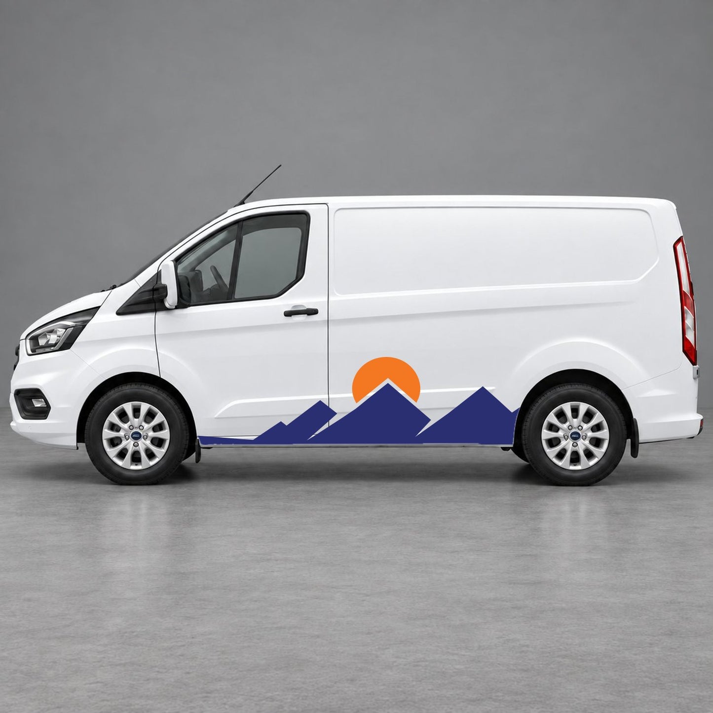 Ford Transit Custom Minimal Mountain Peak Side Graphics in Navy Blue & Orange