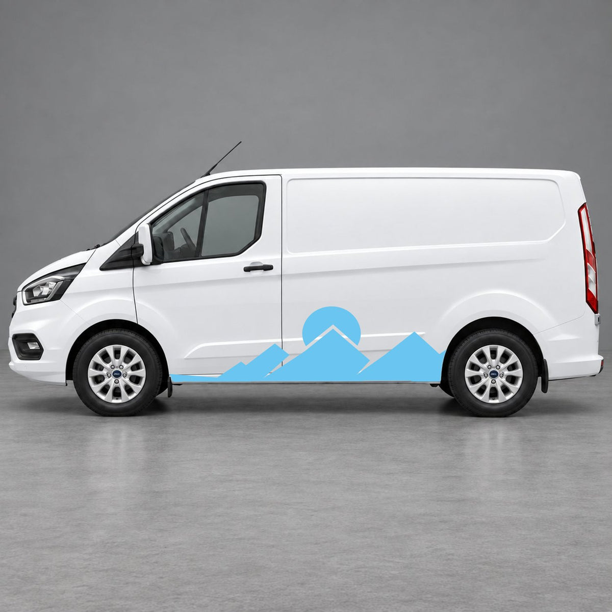 Ford Transit Custom Minimal Mountain Peak Side Graphics in Light Blue & Light Blue