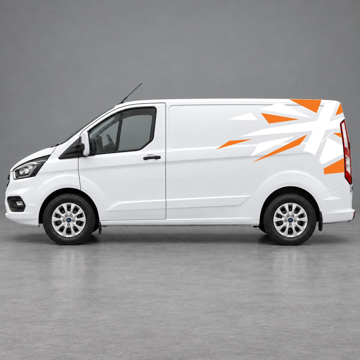 Ford Transit Custom Shattered Union Jack Side Graphics in Orange & White