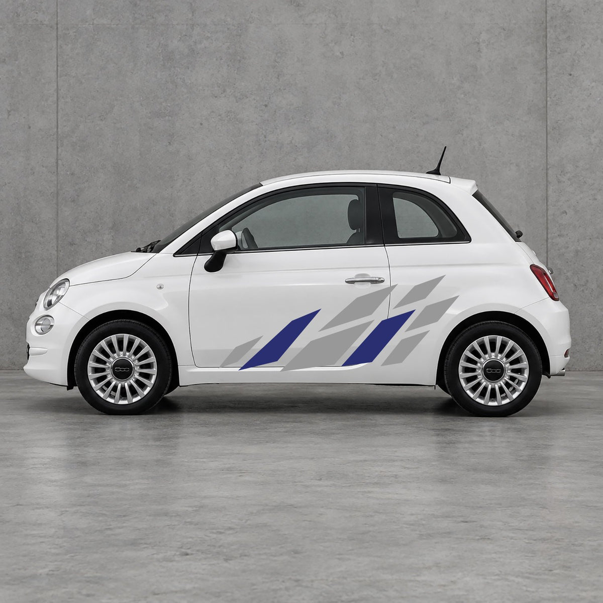 Fiat 500 Racing Flag Side Graphics Kit - Pair Supplied in Grey & Navy Blue