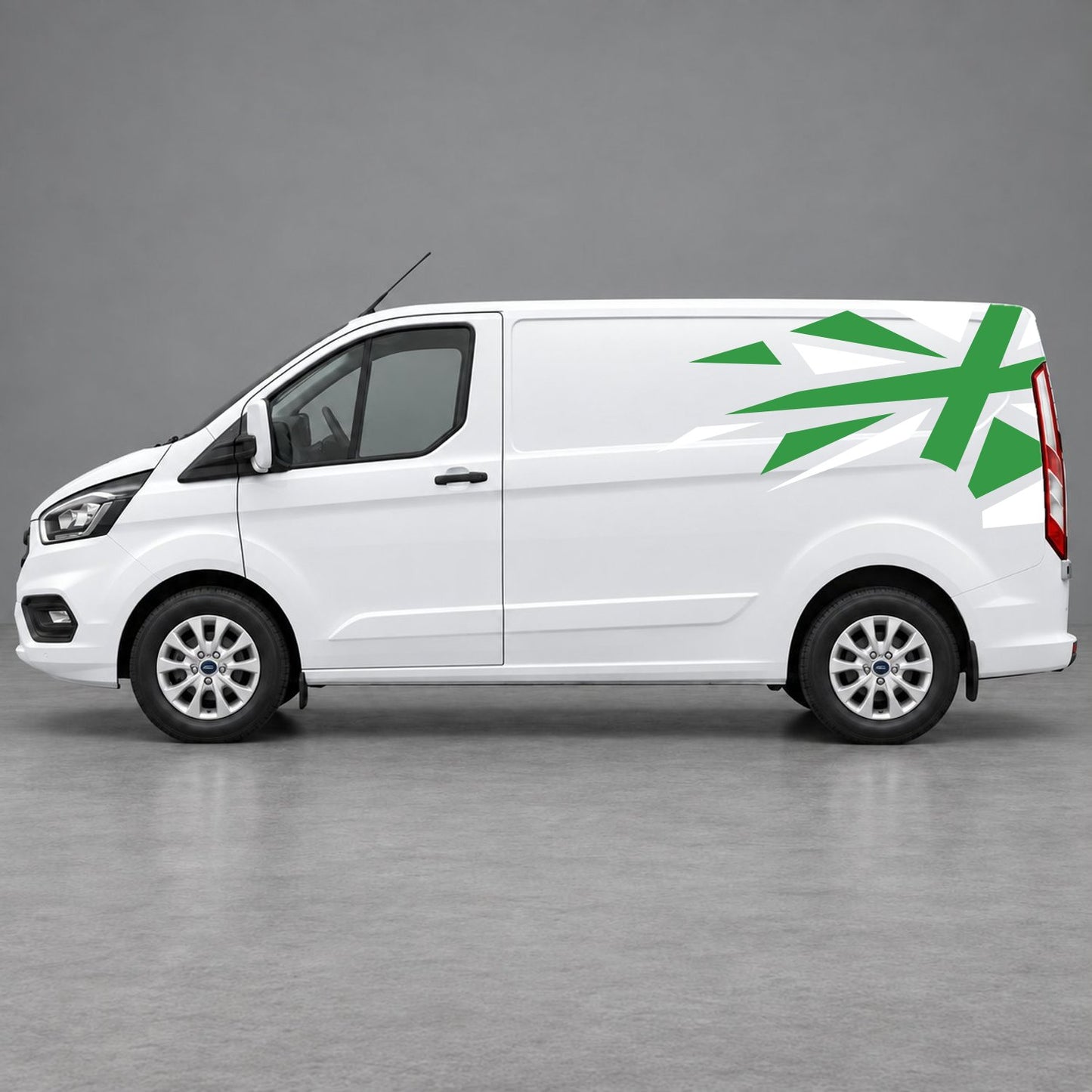 Ford Transit Custom Shattered Union Jack Side Graphics in White & Green