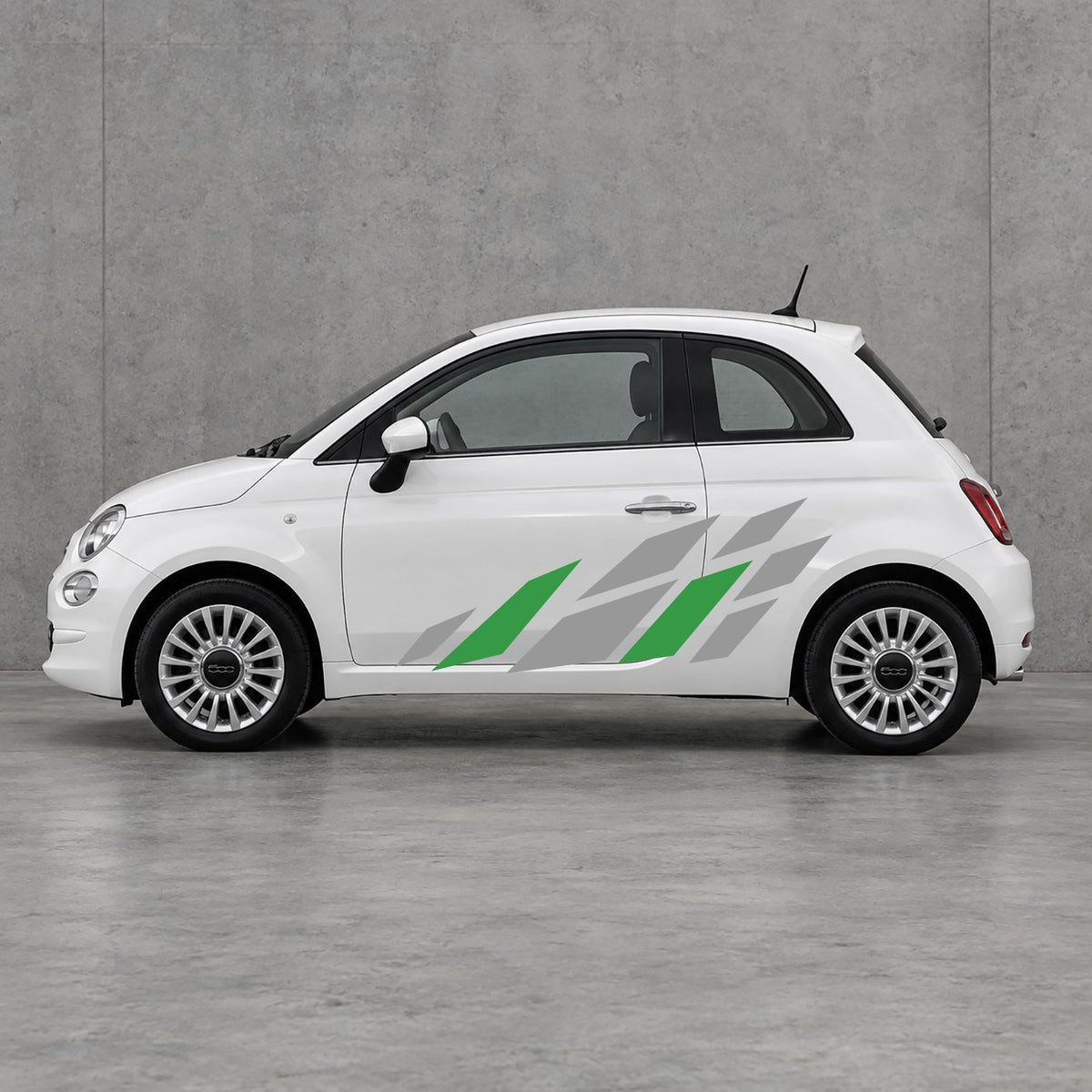 Fiat 500 Racing Flag Side Graphics Kit - Pair Supplied in Grey & Green