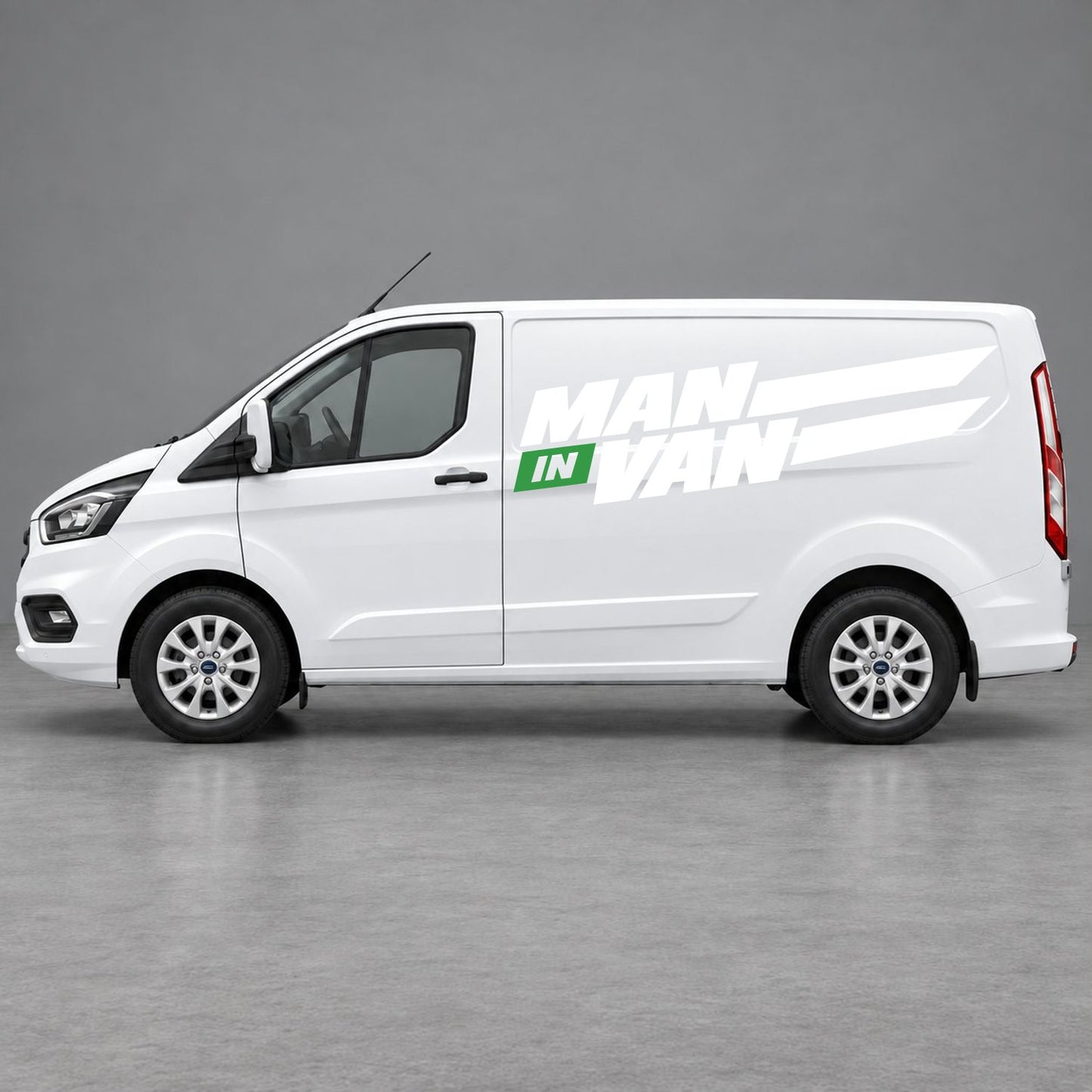 Ford Transit Custom Man in Van Side Stripes in White & Green