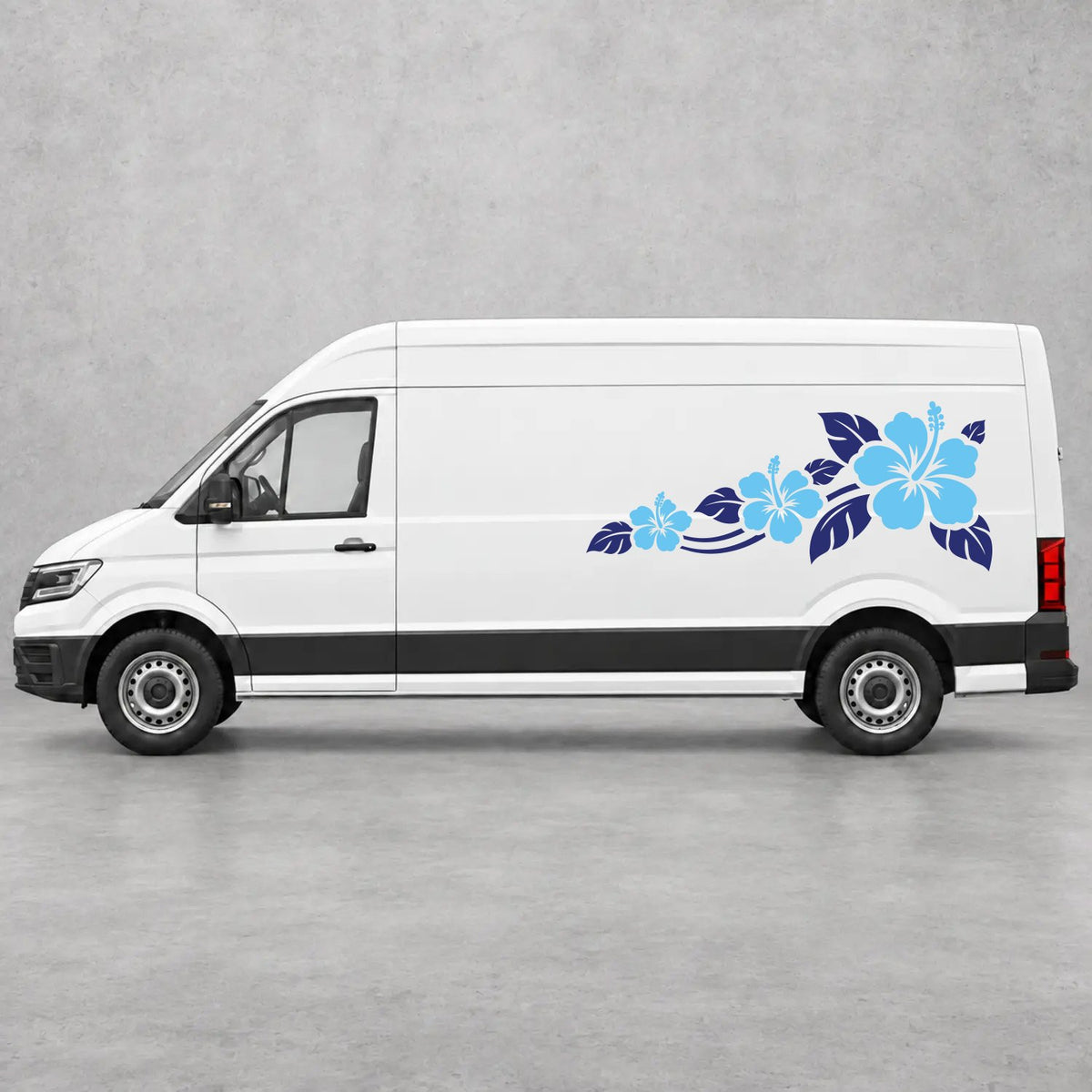VW Crafter Hibiscus Flower Trail Side Graphics in Navy Blue & Light Blue