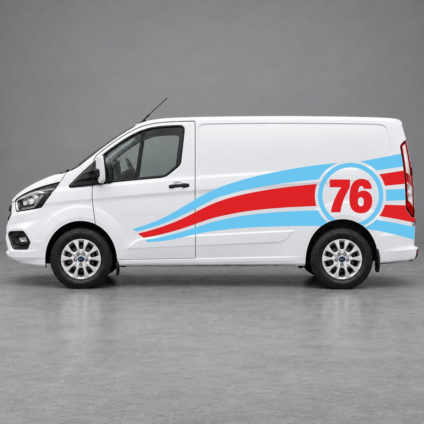 Ford Transit Custom Personalised Number 76 Racing Side Graphics in Light Blue & Red
