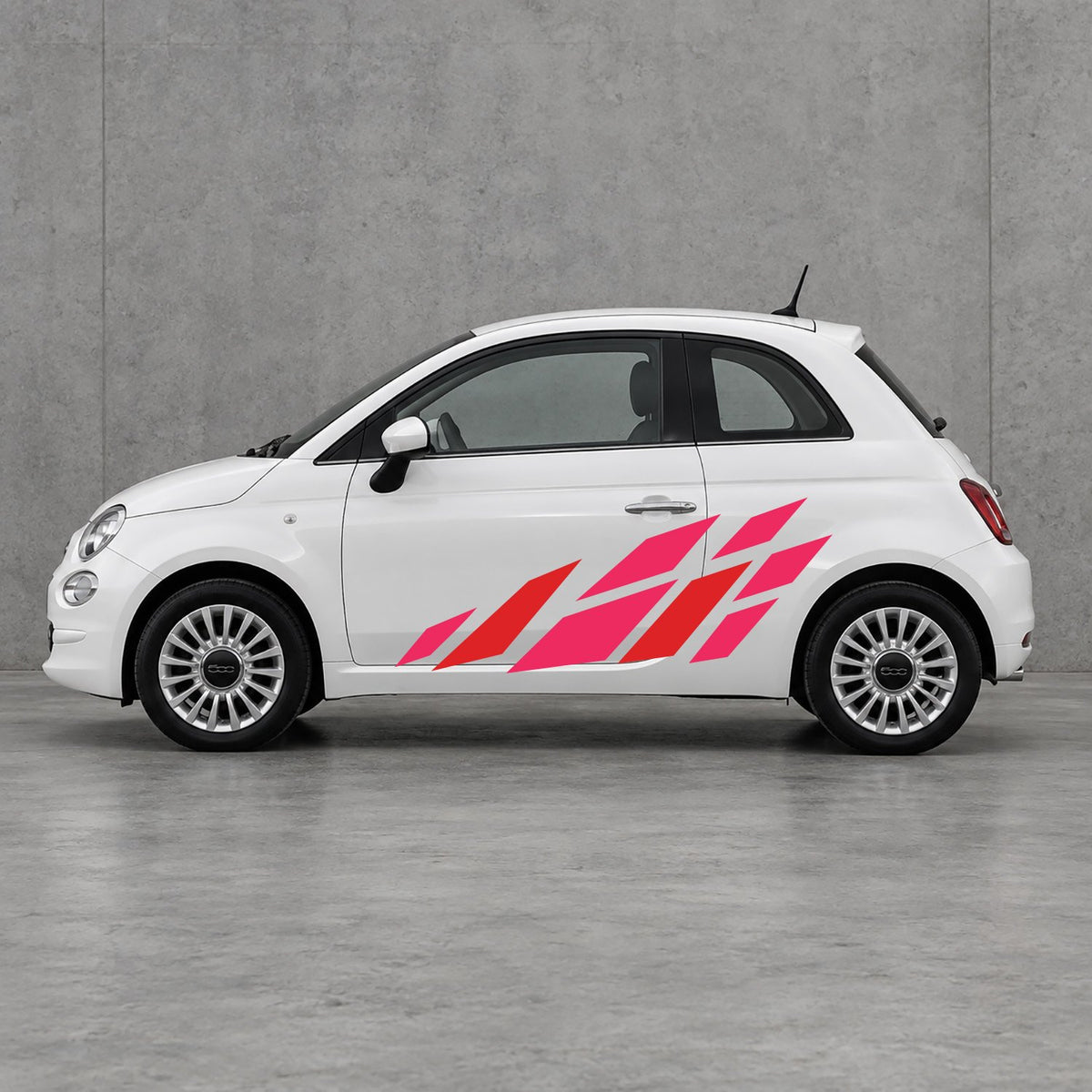 Fiat 500 Racing Flag Side Graphics Kit - Pair Supplied in Pink & Red