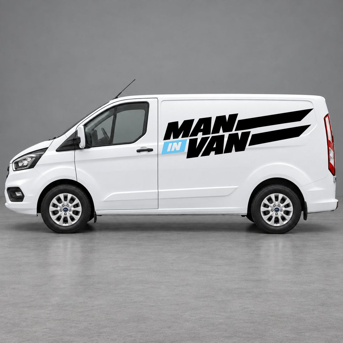 Ford Transit Custom Man in Van Side Stripes in Black & Light Blue