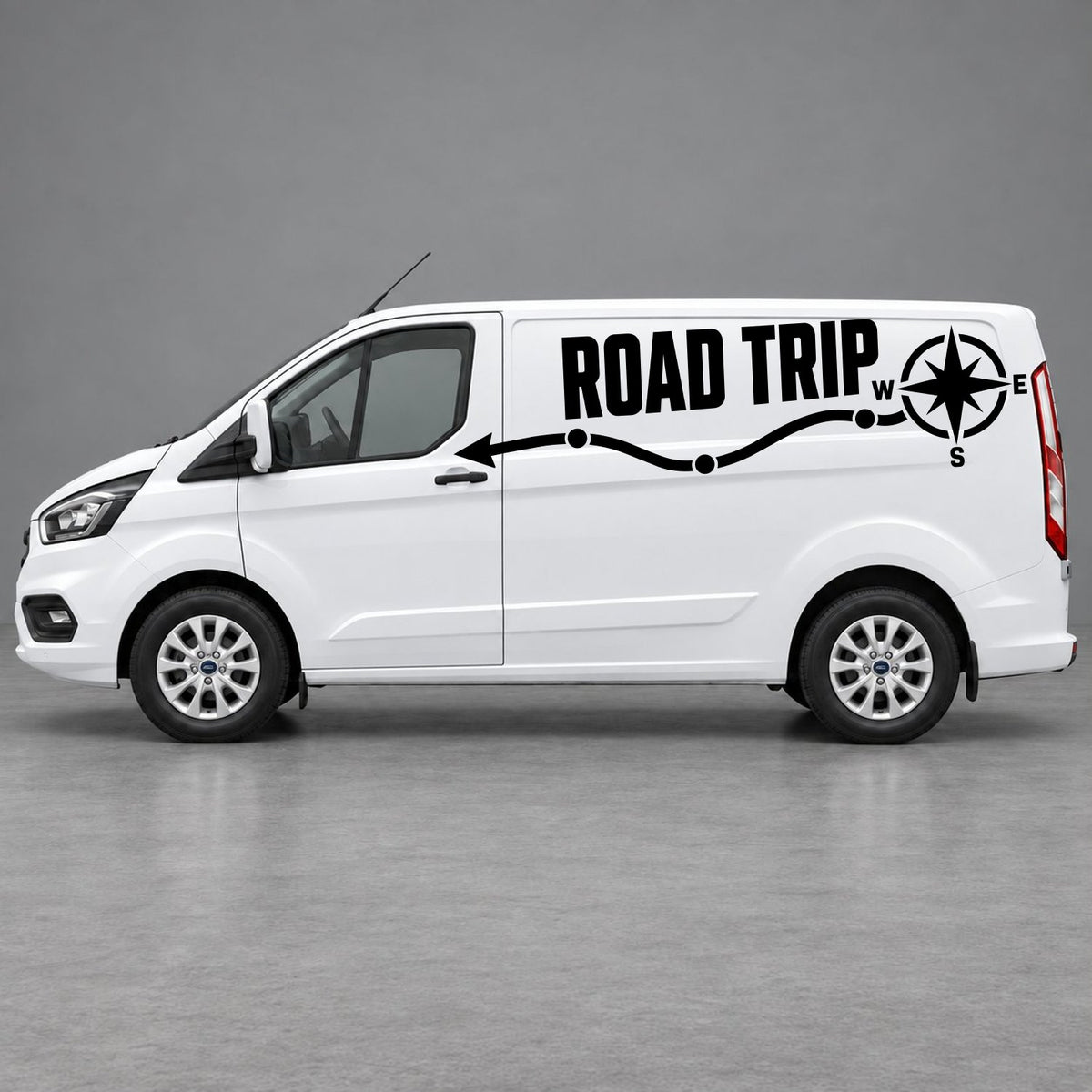 Ford Transit Custom Road Trip Route & Compass Side Graphics in Black & Black